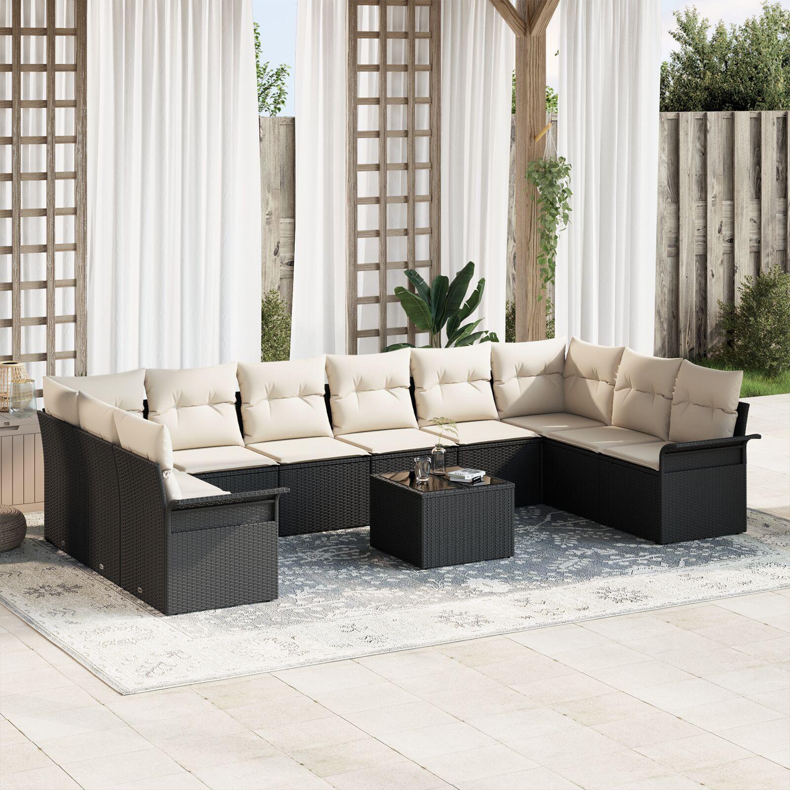 Havesofa Sæt med pude 11 stk Sort Poly rattan