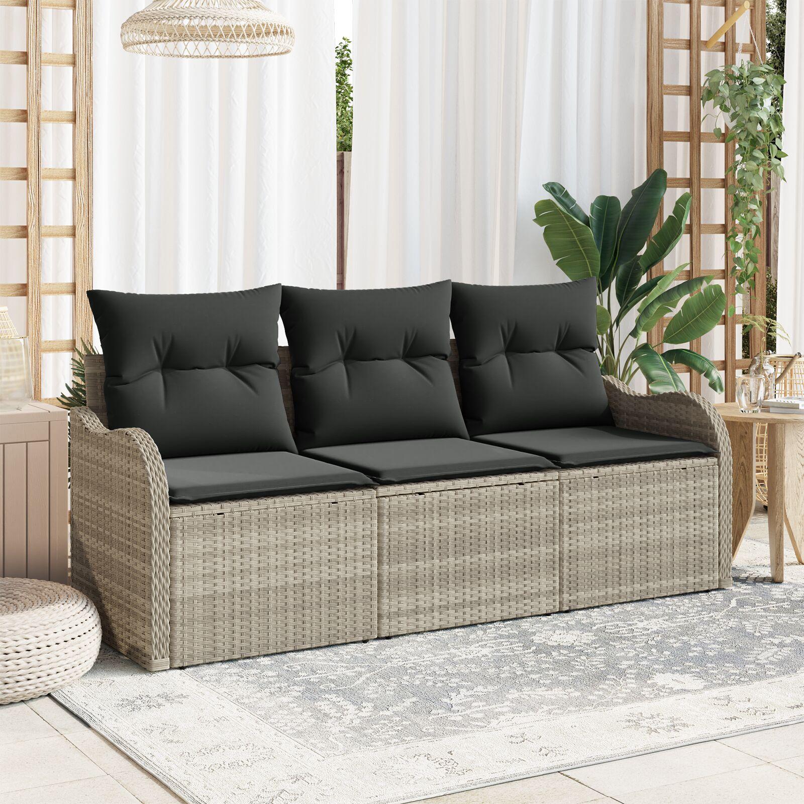 Havesofa Sæt med pude 3 stk Lysegrå Poly rattan