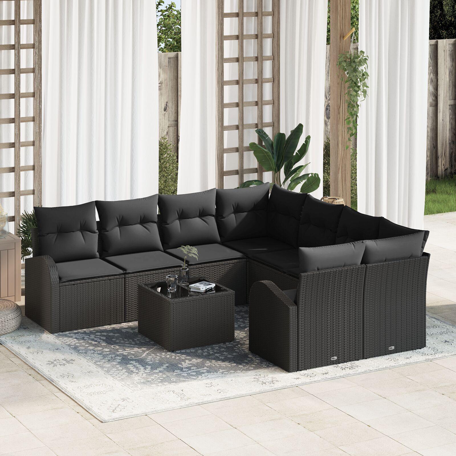 Havesofa Sæt 9 stk Sort 55 x 55 x 37 cm polyrattan