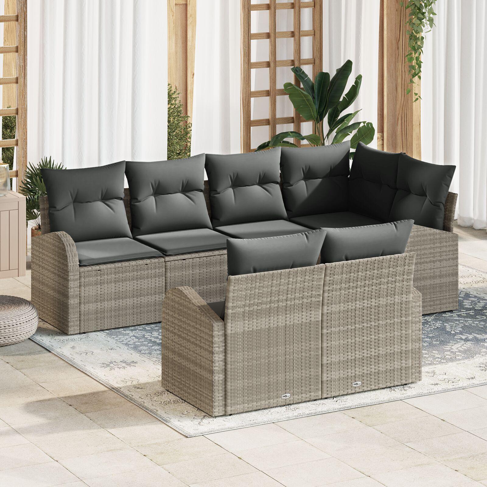 Havesofa Sæt med pude 7 stk Lysegrå Poly rattan
