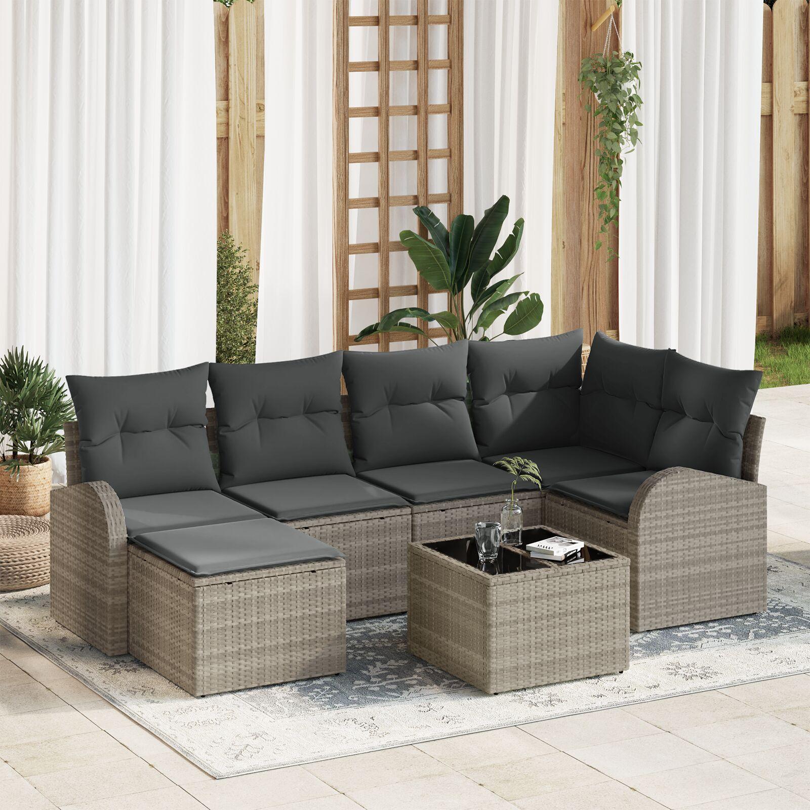 Havesofa sæt i lysegrå polyrattan - 7 dele, modulært loungesæt til terrasse og have