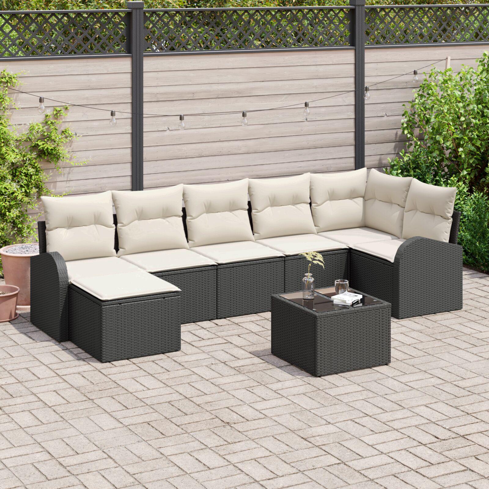 Havesofa Sæt med pude 8 stk Sort Poly rattan