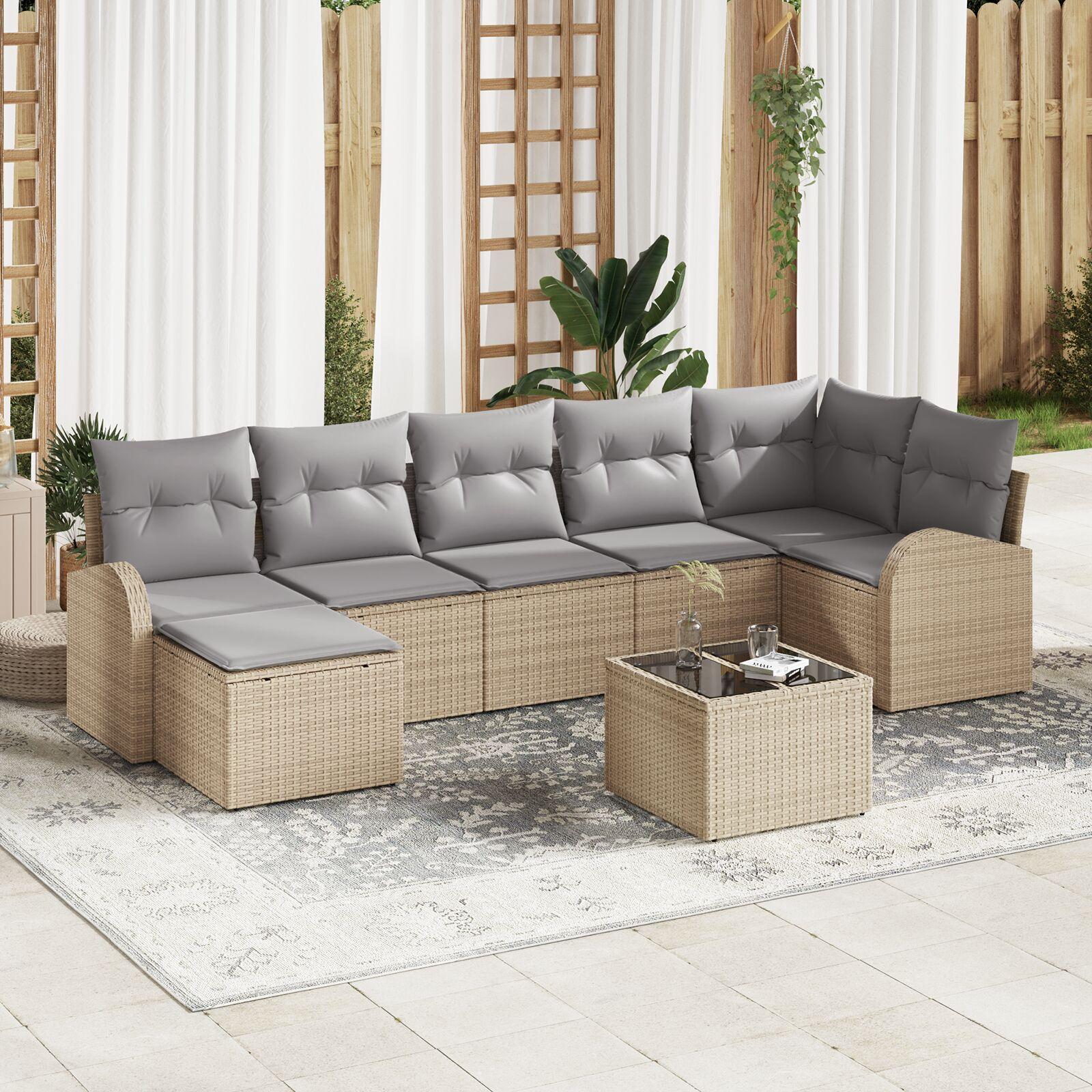 Havesofa Sæt med pude 8 stk Beige Poly rattan