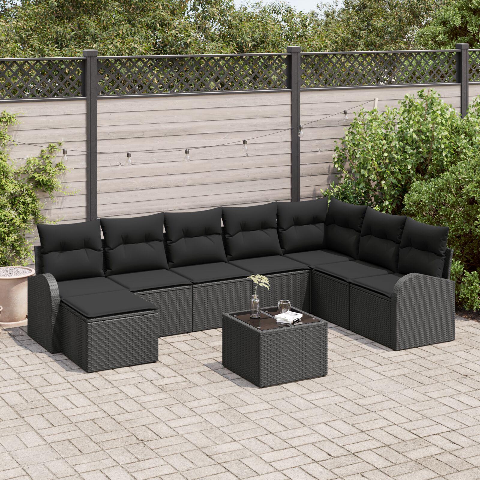 Havesofa Sæt med pude 9 stk Sort Poly rattan