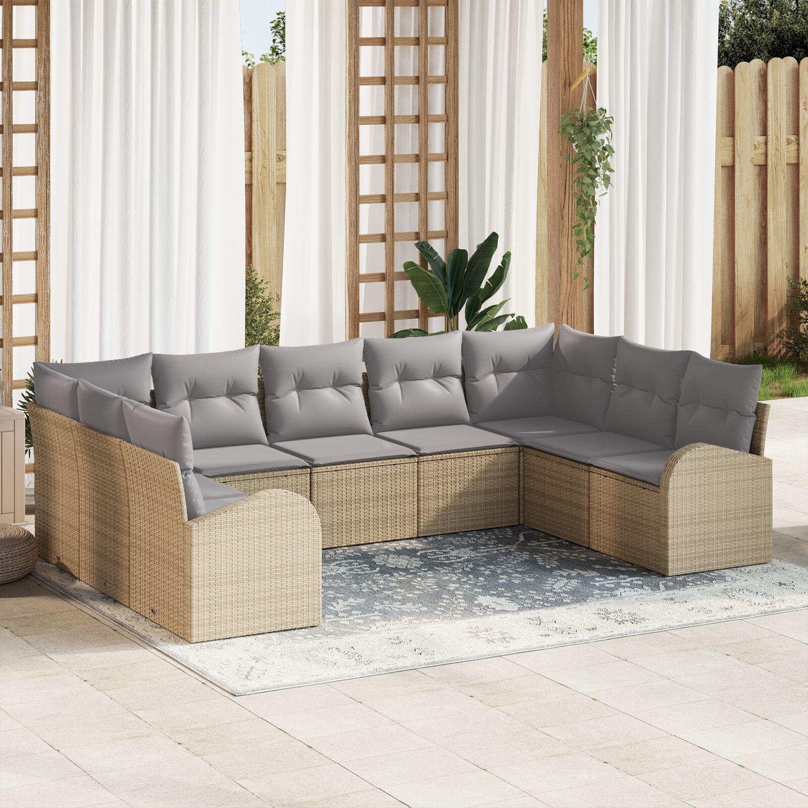 Modulært loungesæt til haven - 9-pers. sofa med puder, beige poly rattan