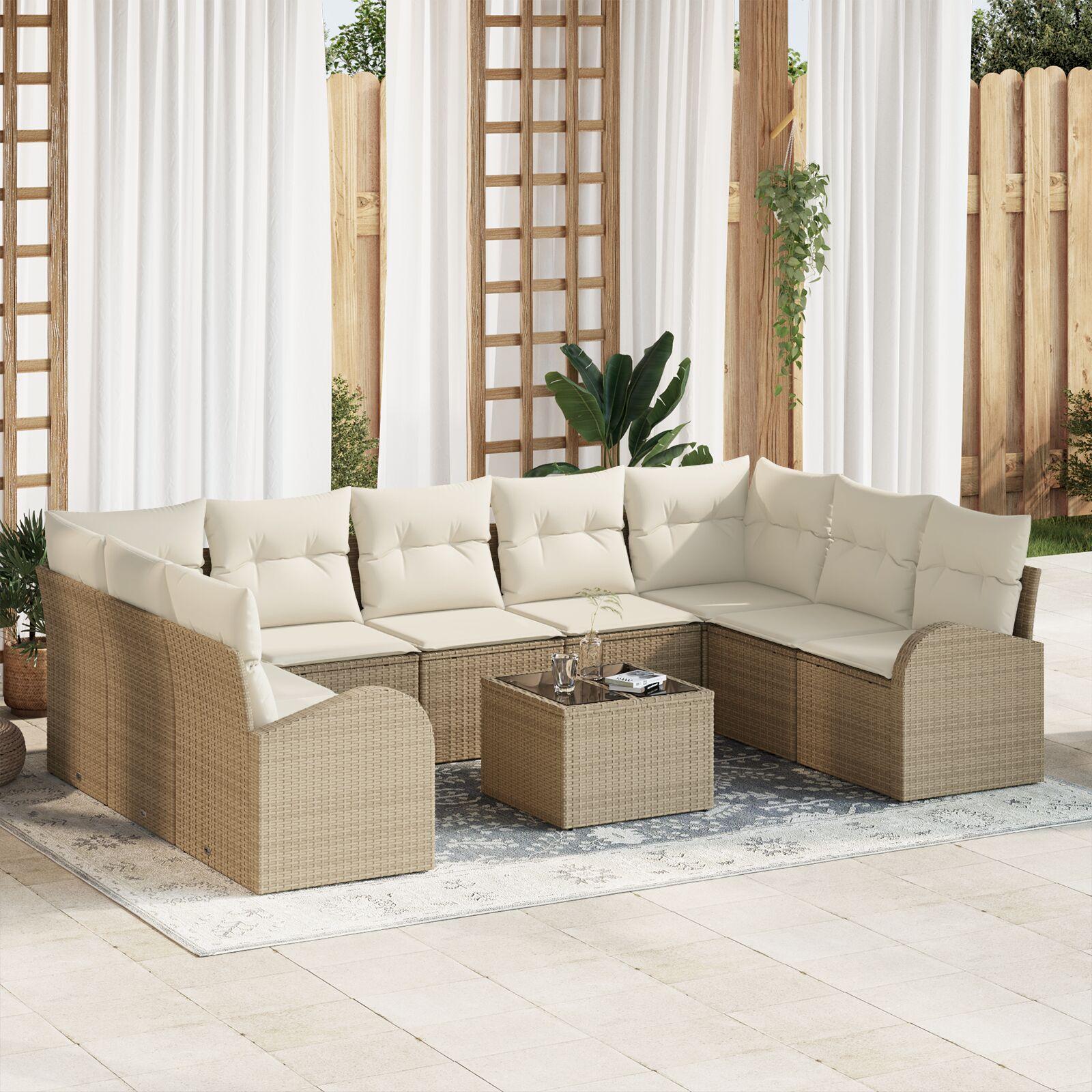 Havemøbelsæt sofa med puder 10 dele beige poly rattan