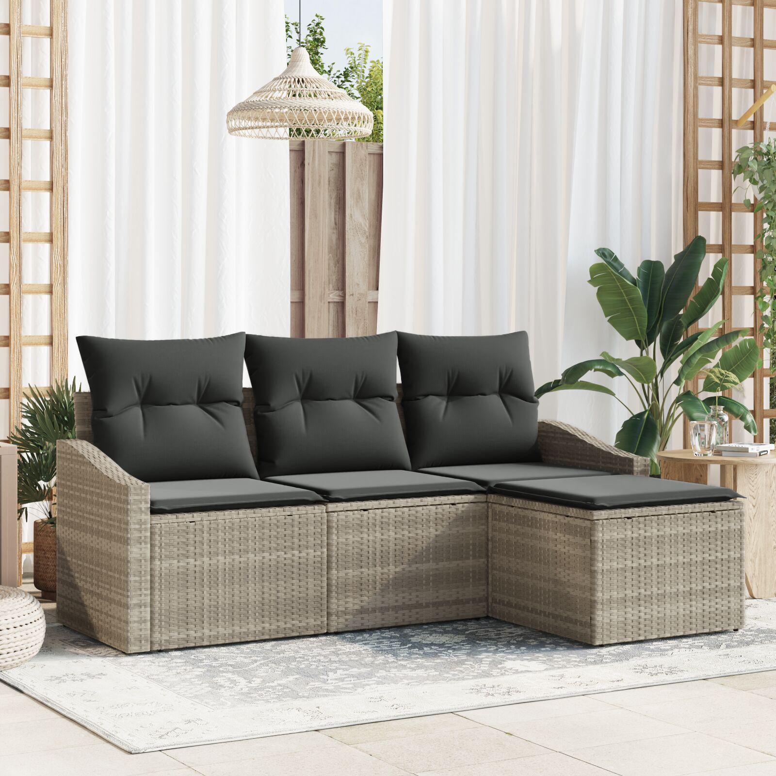 Sofa sæt med puder - 4 dele i lysegrå polyrattan, modulopbygget med højdejusterbart bord