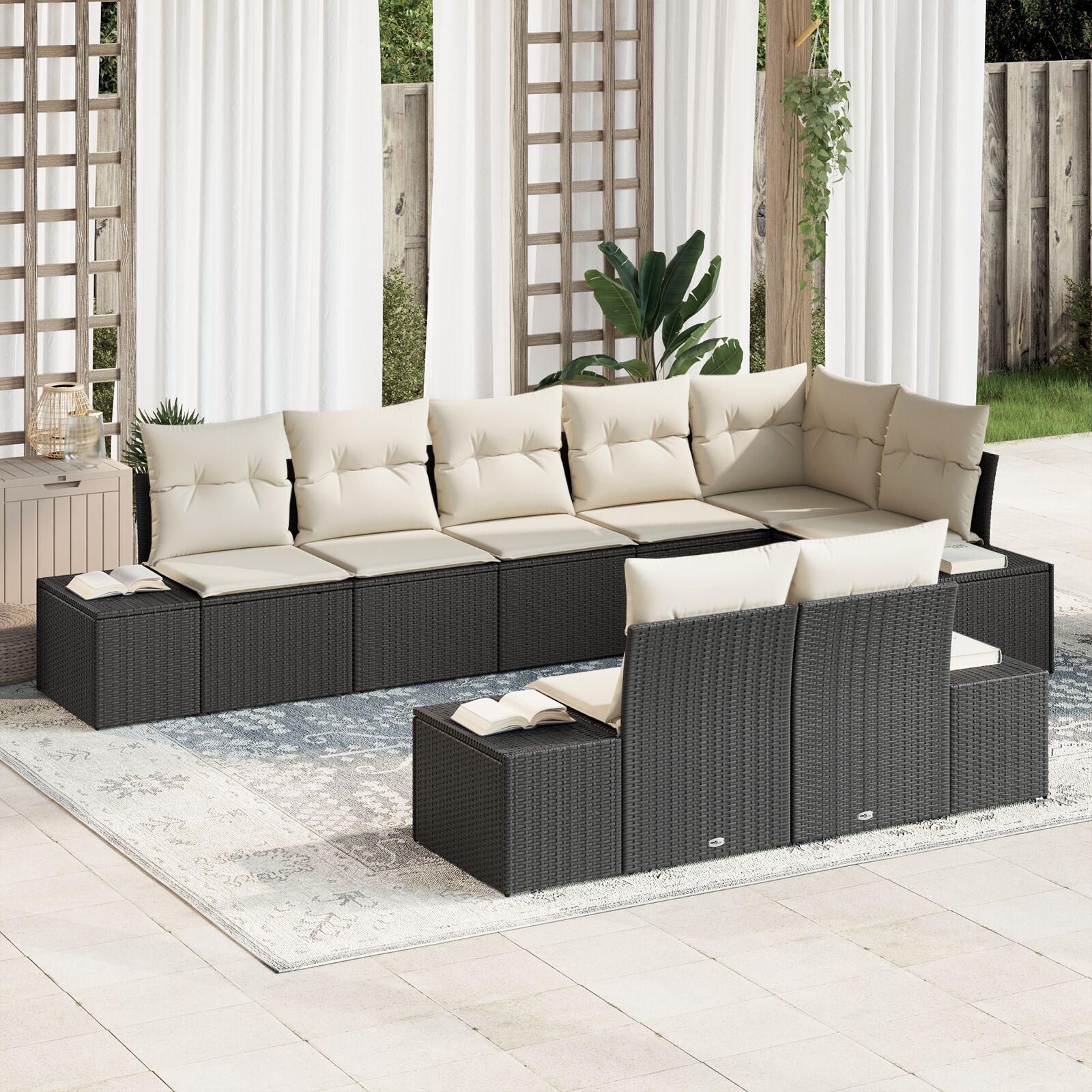 Havesofa Sæt med pude 8 stk Sort og cremefarvet Poly rattan