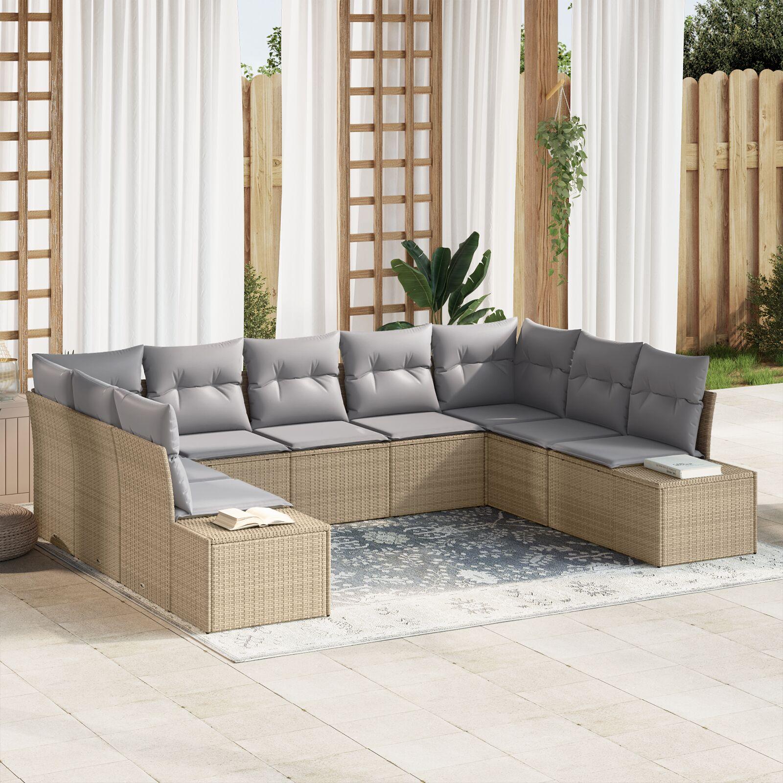 Havesofa Sæt med pude 9 stk Beige Poly rattan