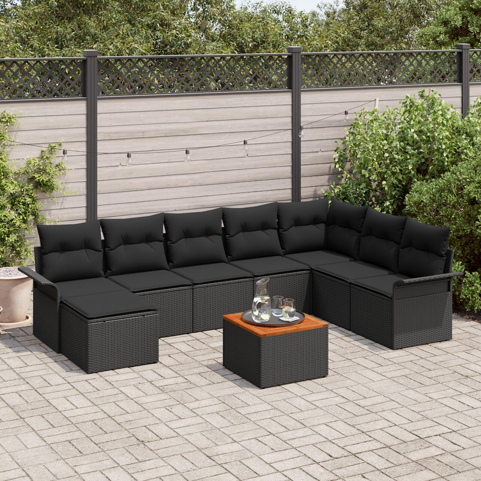 Modulært havesofa sæt med puder - 9 dele, sort polyrattan