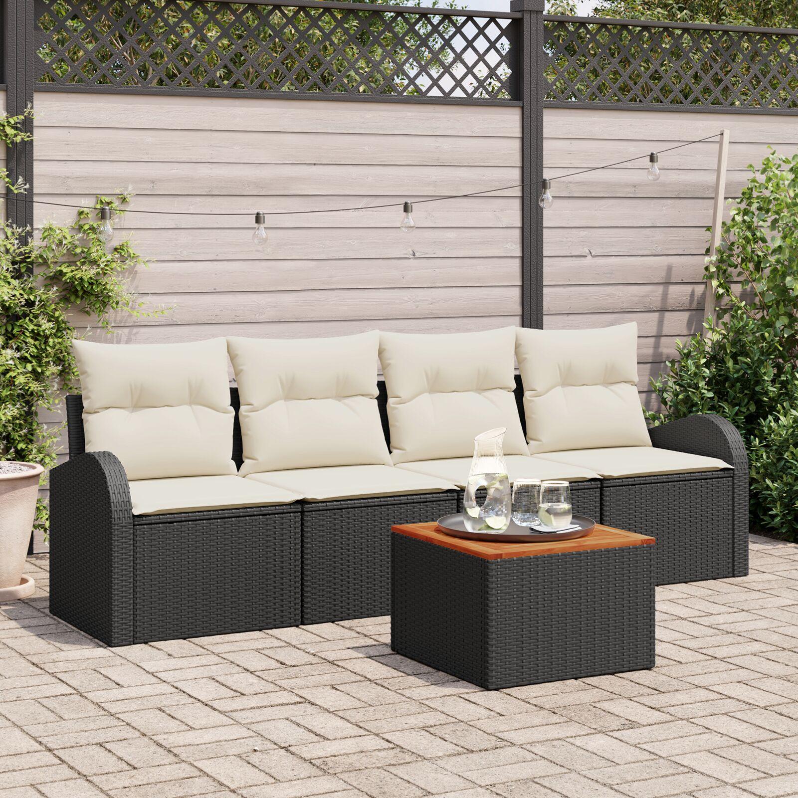 Havesofa sæt med puder - 5 dele i sort polyrattan