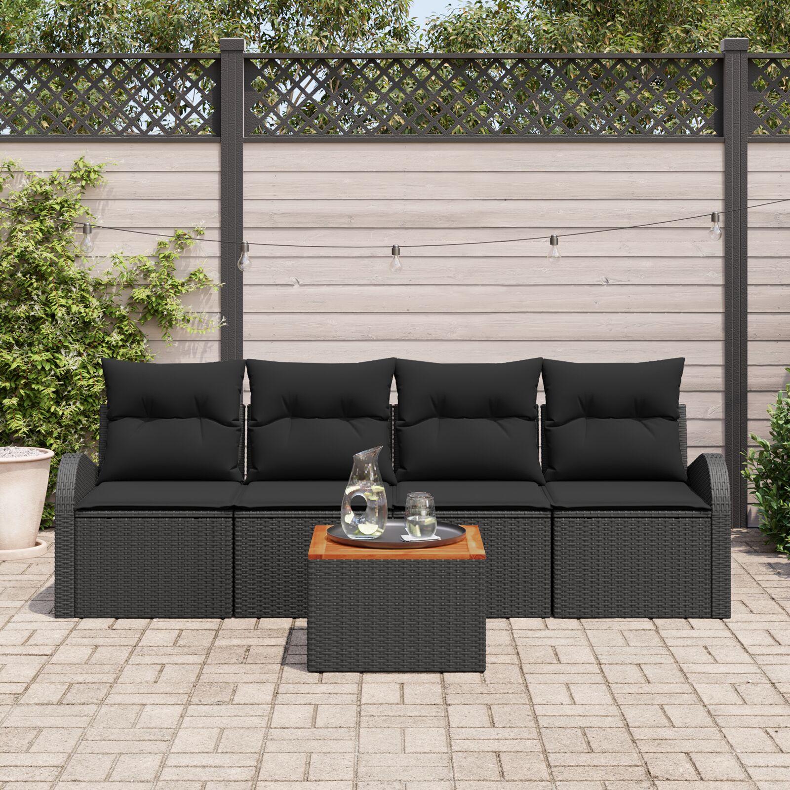 Havesofa sæt med puder 5 dele i sort polyrattan