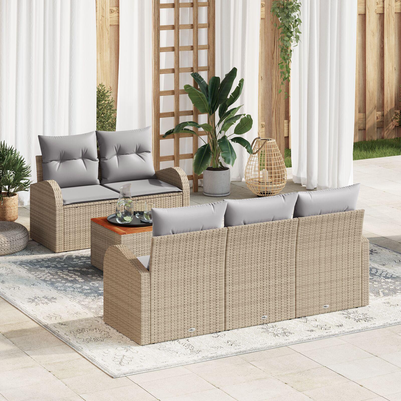 Havesofa Sæt Med Pude 6 Dele Polyrattan - beige og grå