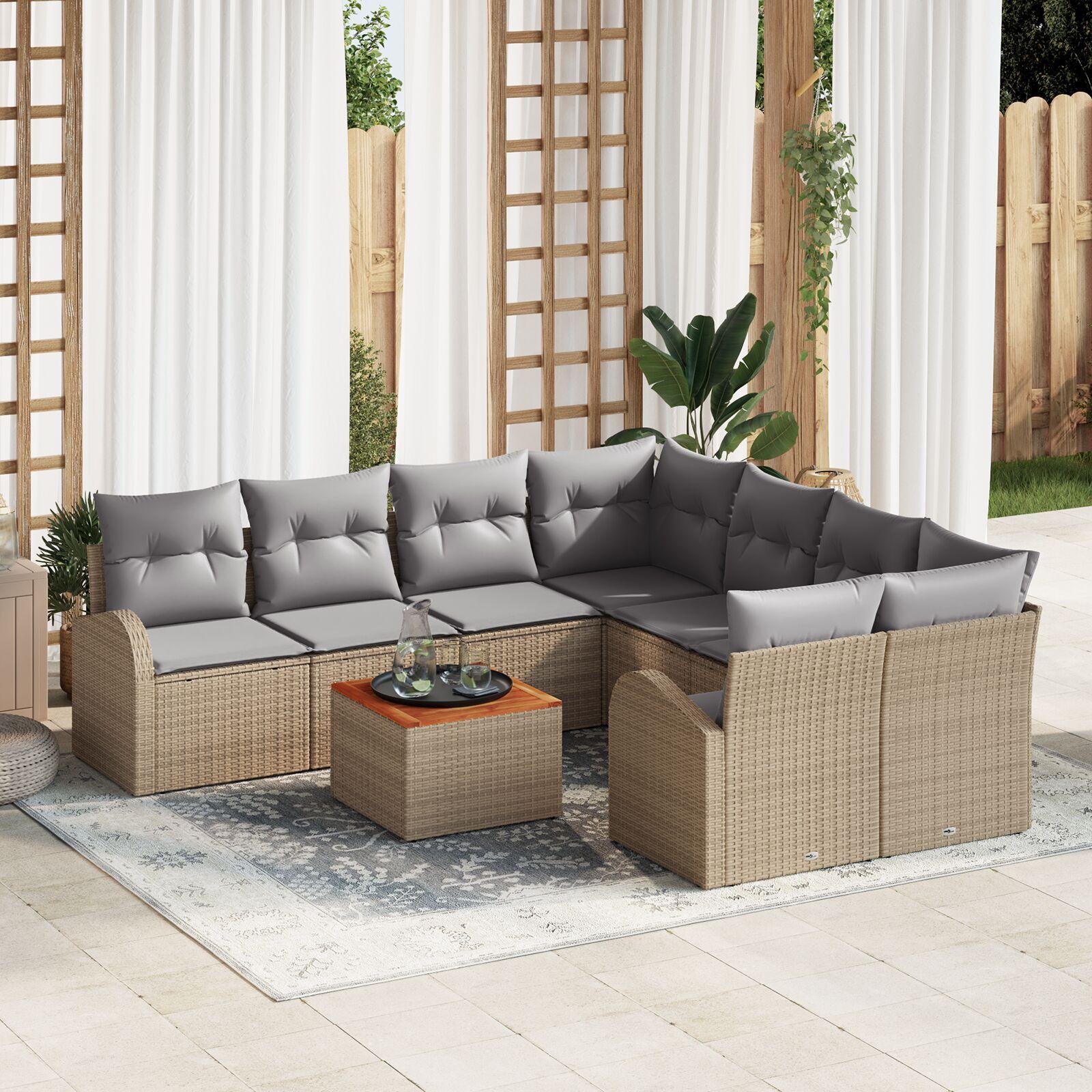 Havesofa sæt i beige polyrattan - 9 dele, modulært med puder