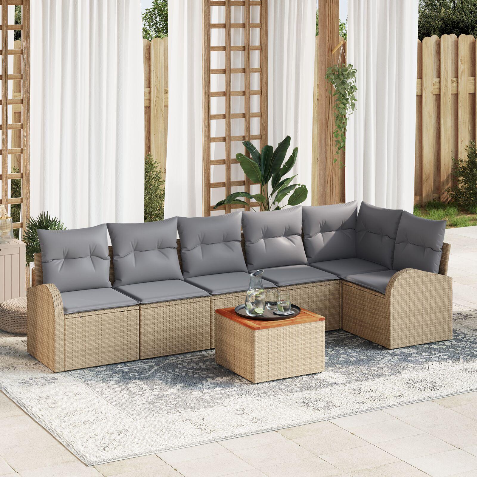 Havesofa Sæt Med Pude 7 Dele Polyrattan - beige og grå