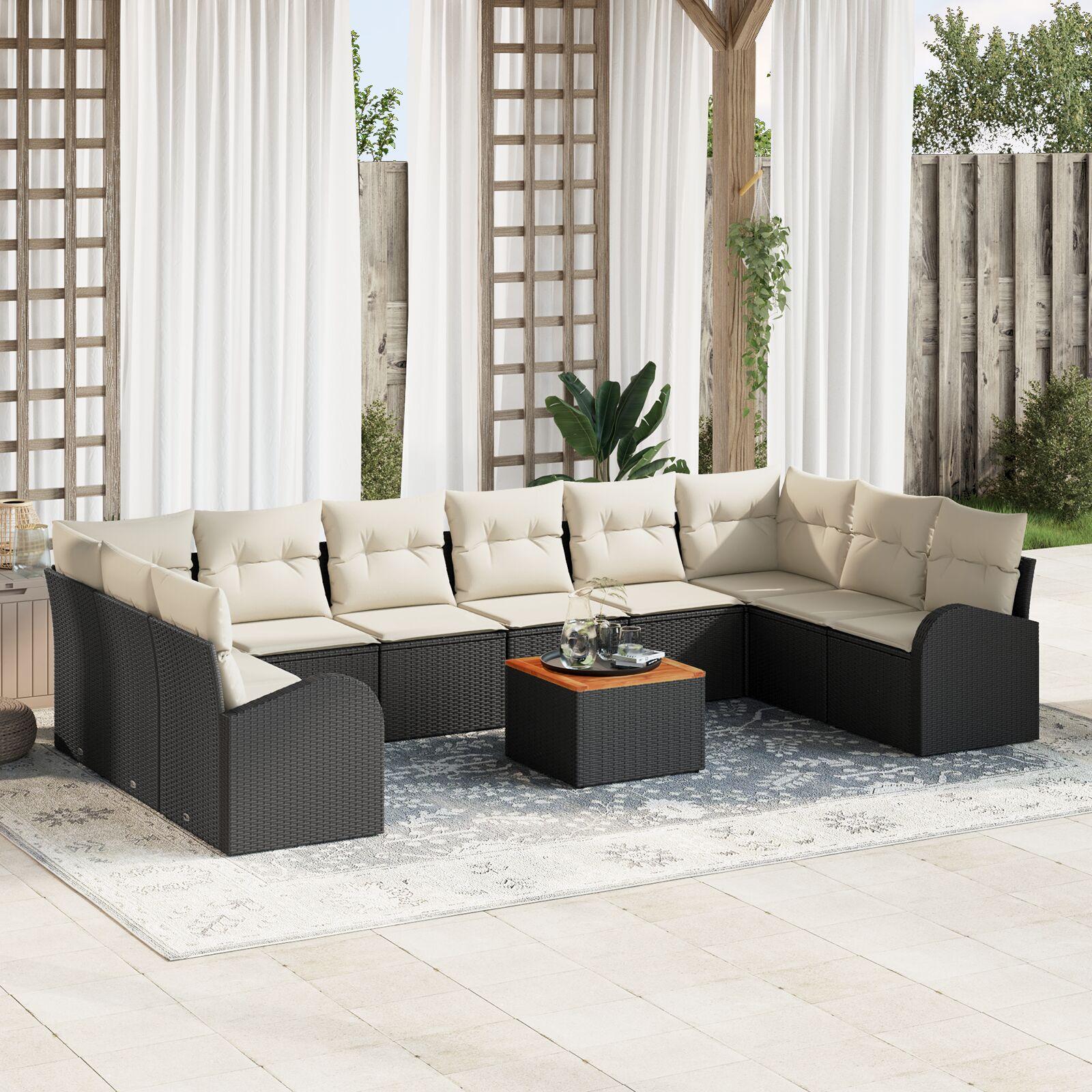 Havesofa Sæt med pude 11 stk Sort Poly rattan