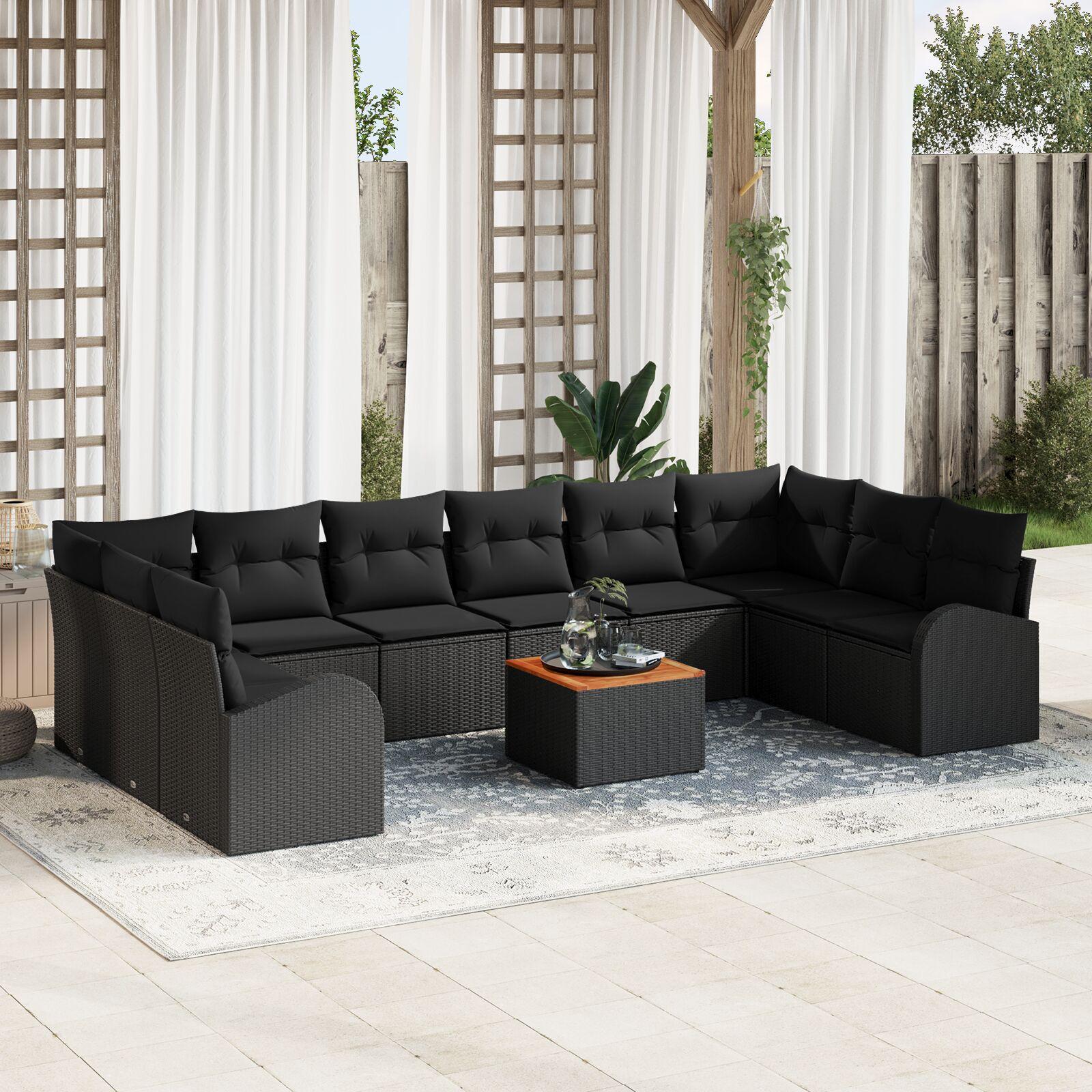 Havesofa Sæt med pude 11 stk Sort Poly rattan