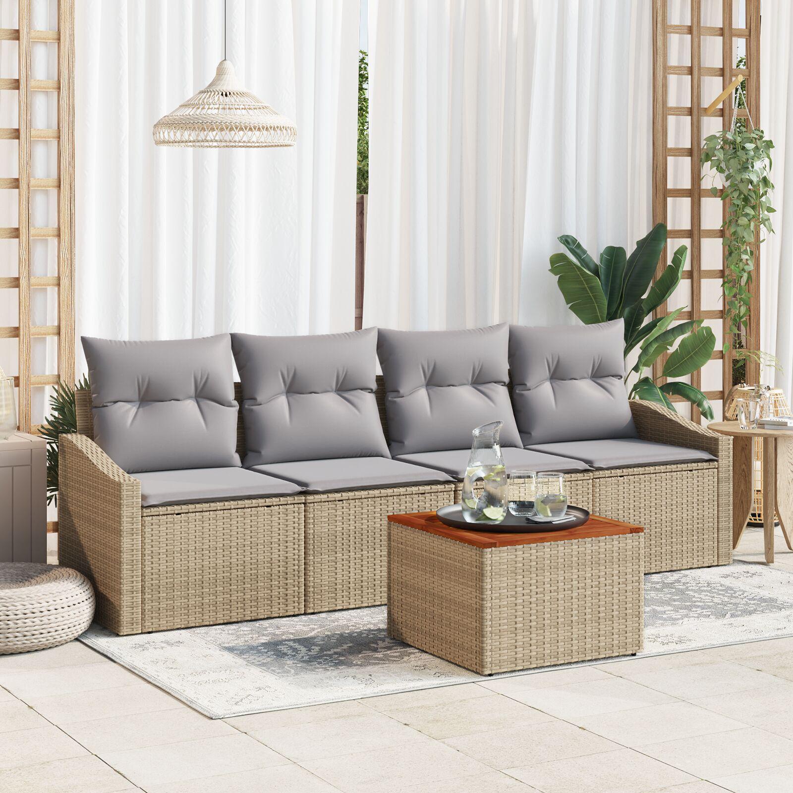 Havesofa Sæt med pude 5 stk Beige Poly rattan