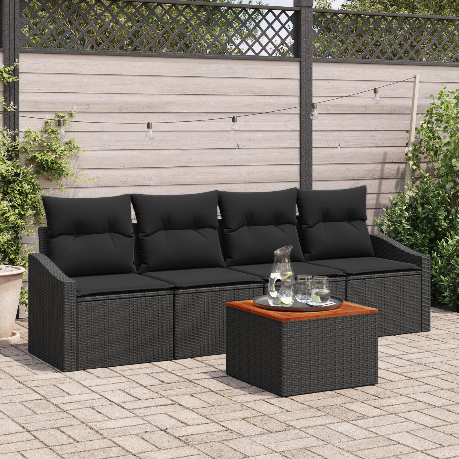Havesofa Sæt med pude 5 stk Sort Poly rattan