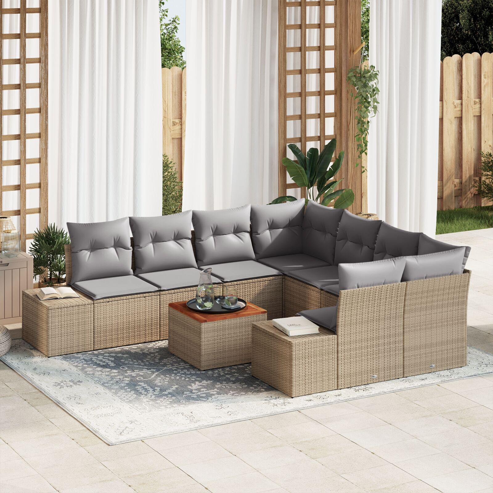 Havesofa sæt i beige polyrattan - modulært loungesæt, 9 dele