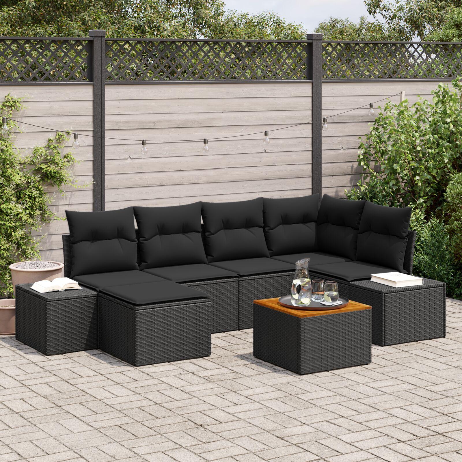 Havesofa sæt med puder 7 stk i sort polyrattan
