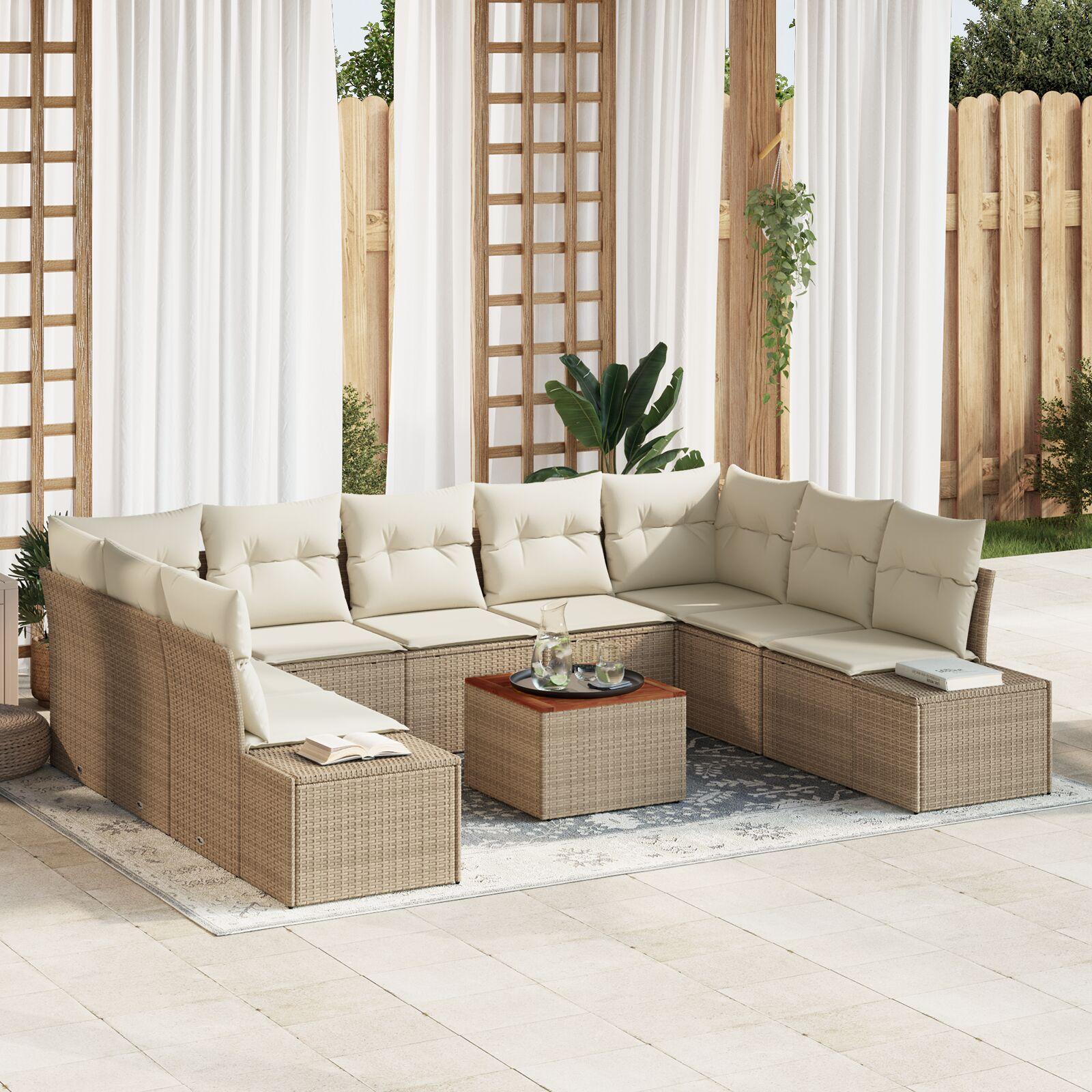Havesofa sæt med puder 10 stk beige polyrattan