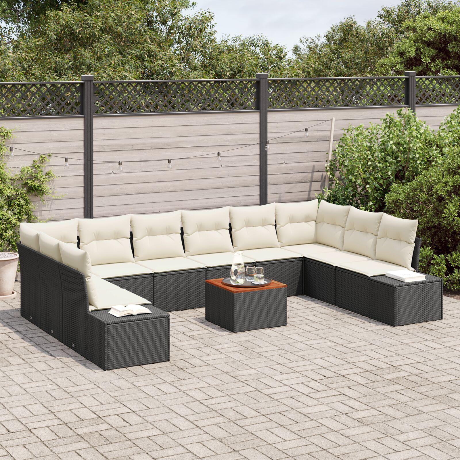 Havesofa Sæt med pude 11 stk Sort Poly rattan