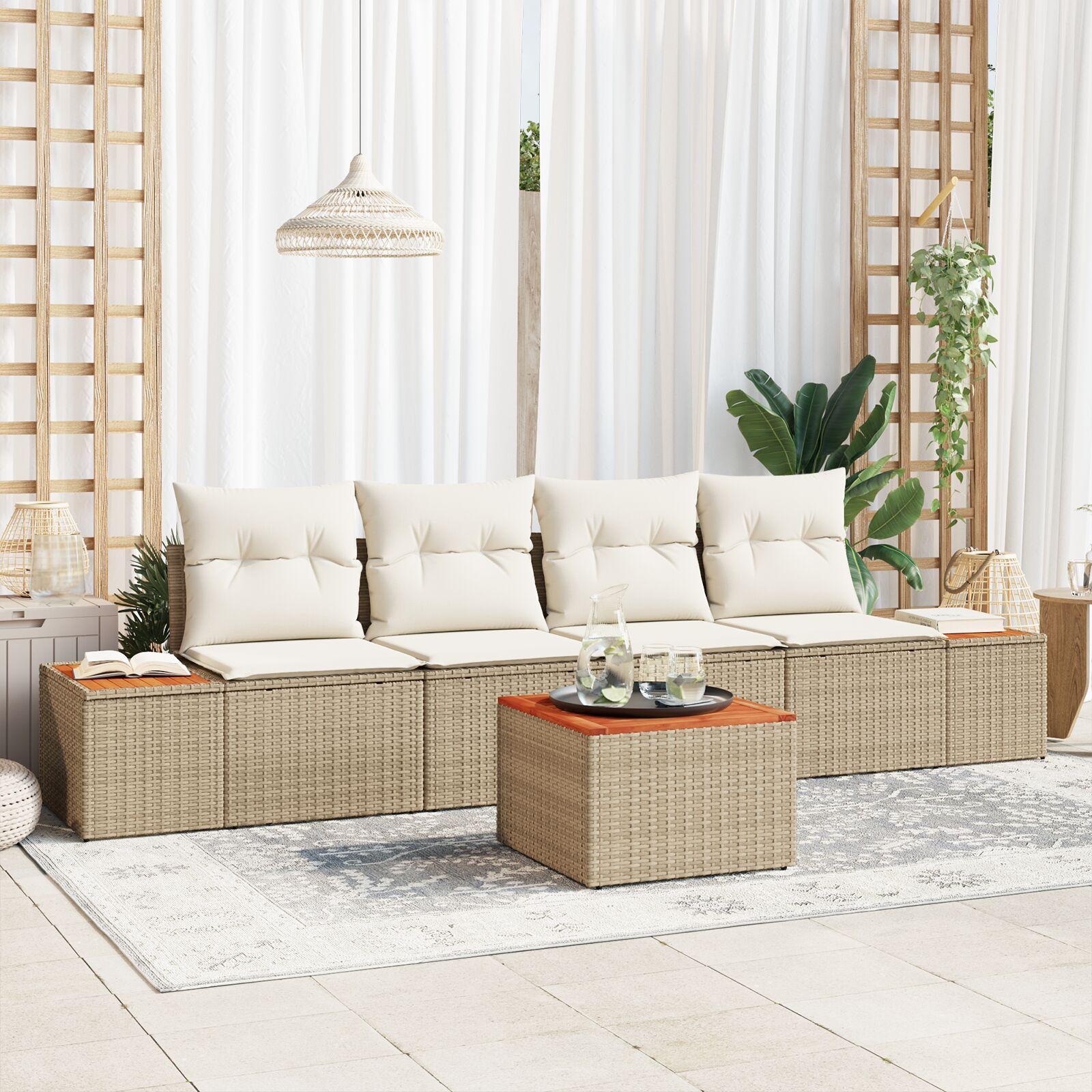 Havesofa sæt 5 dele med puder i beige polyrattan
