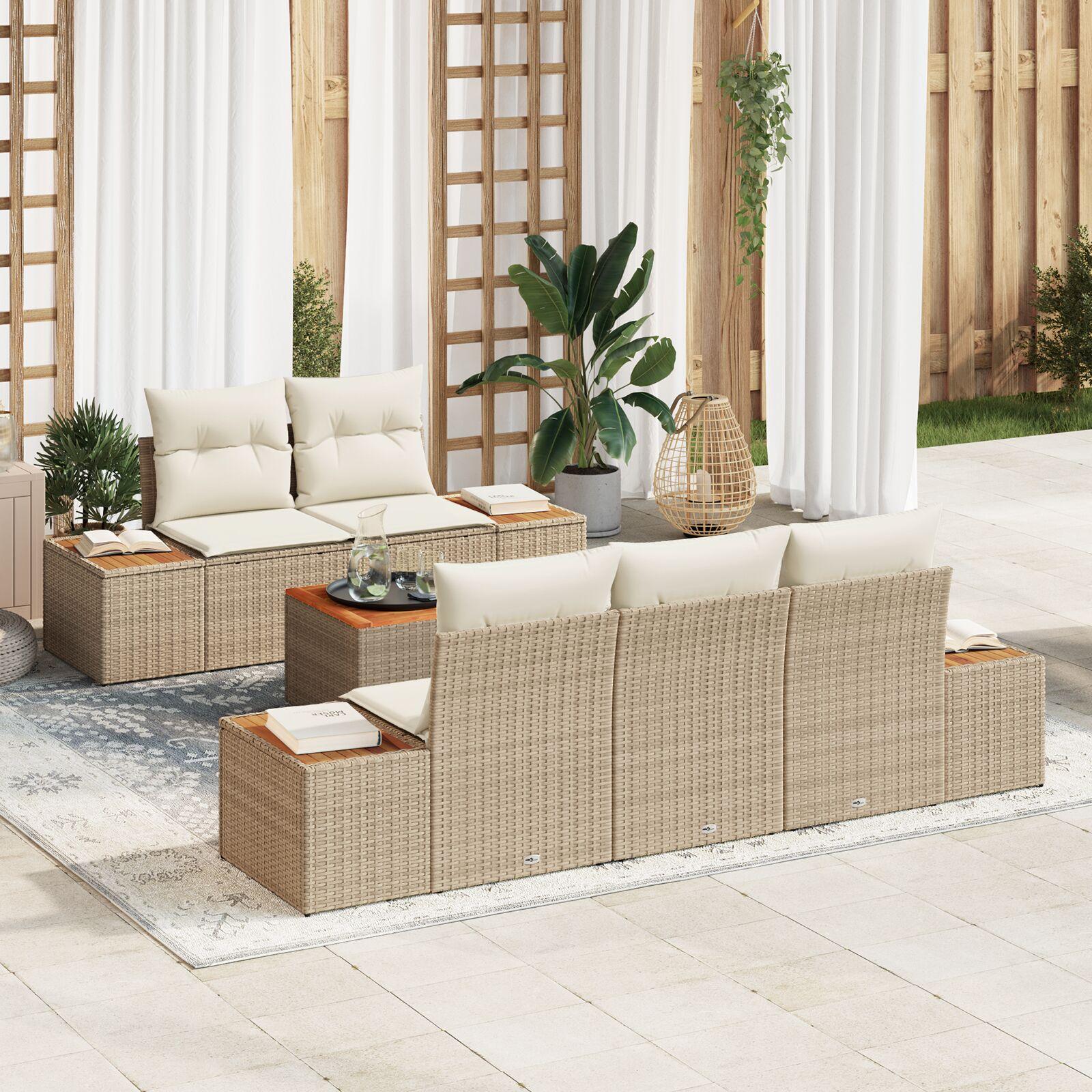 6 Stykker Have Sofa Sæt Med Puder Beige Poly Rattan Akacie