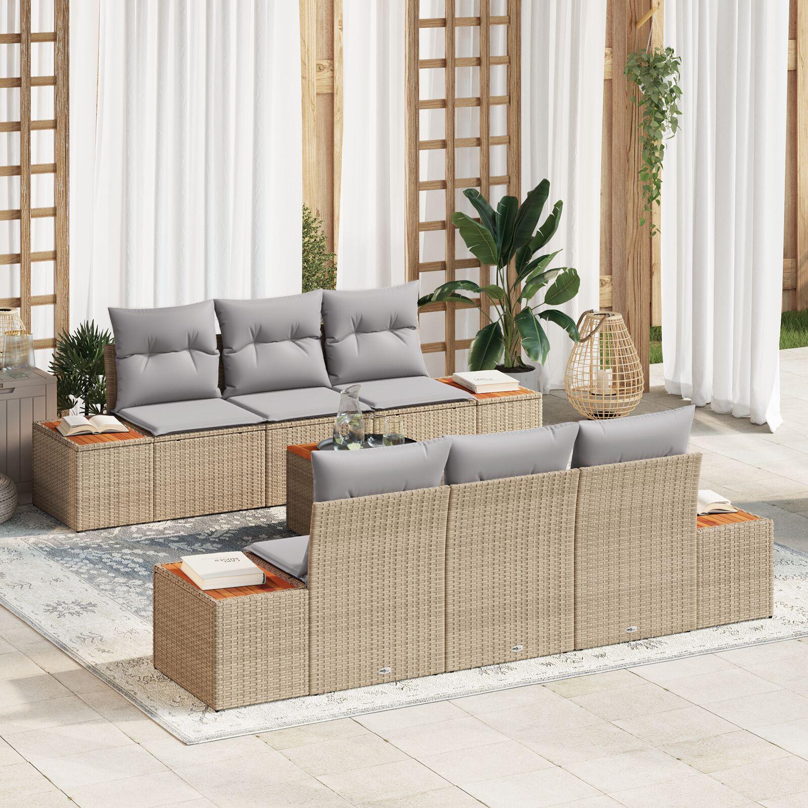Havesofa-sæt i beige polyrattan - 7 dele med puder