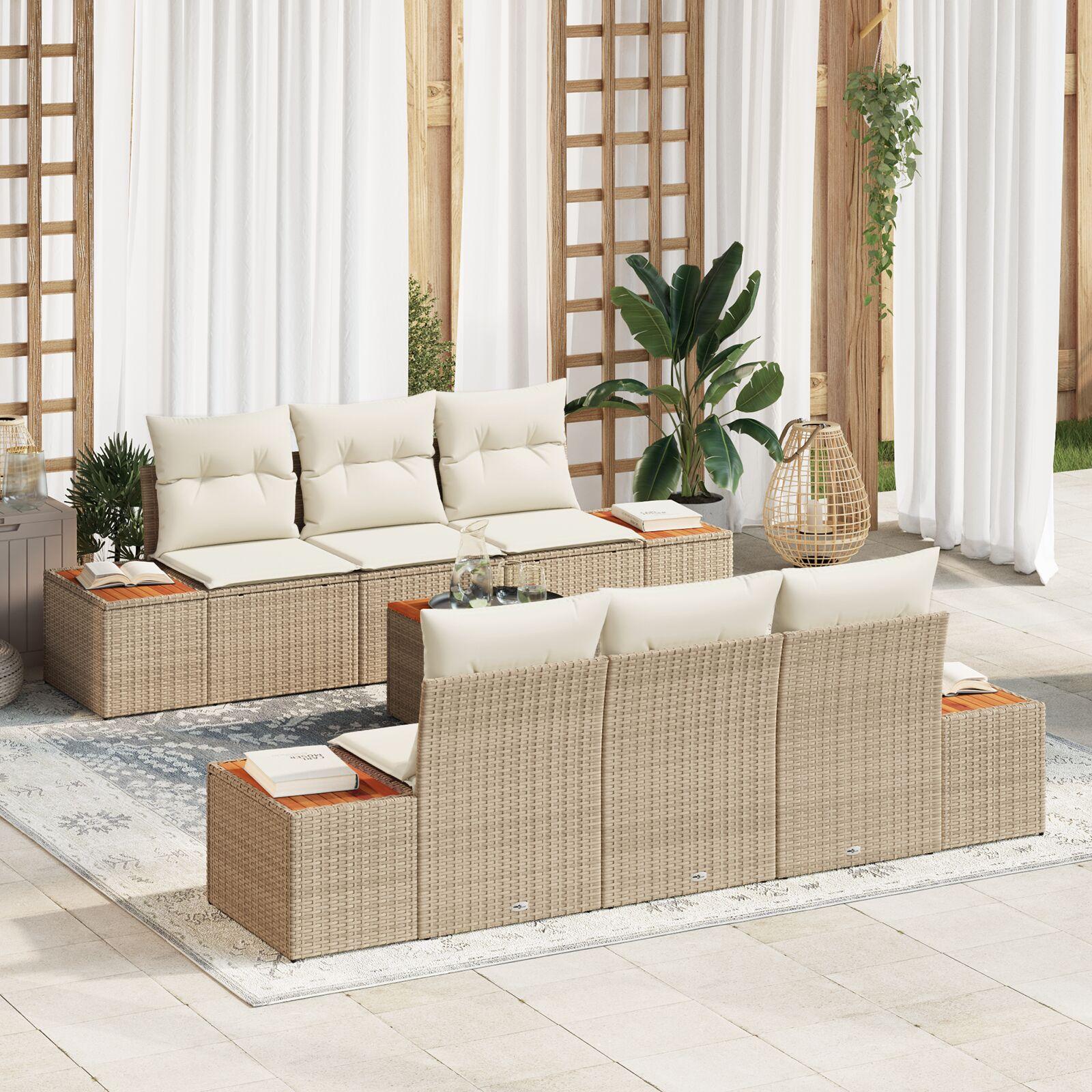 Havesofa sæt 7 dele med puder og havebord i beige polyrattan