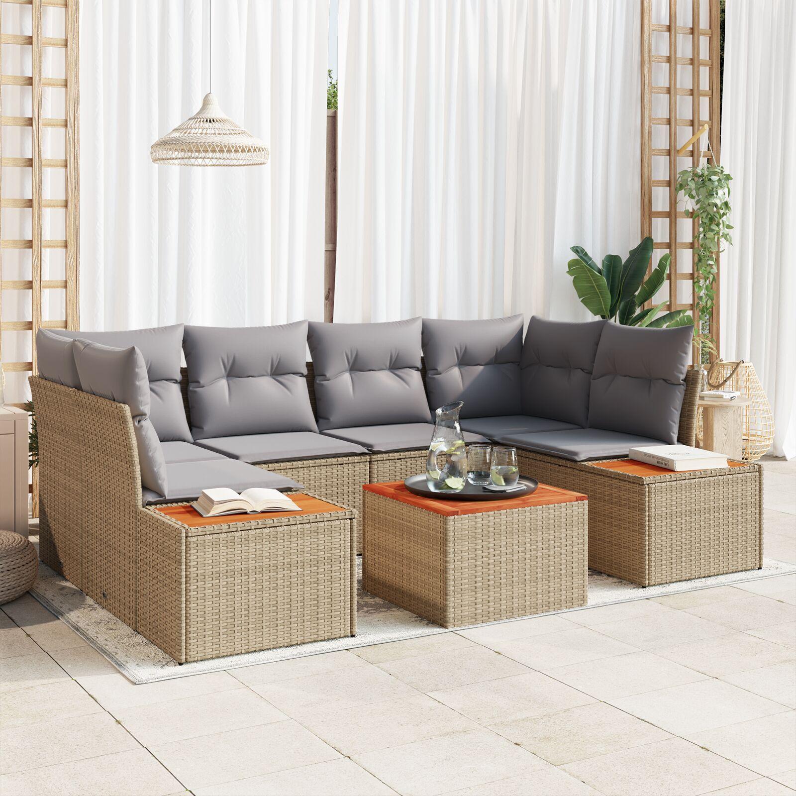 Havesofa sæt med puder - 6-pers. modulopbygget, beige polyrattan