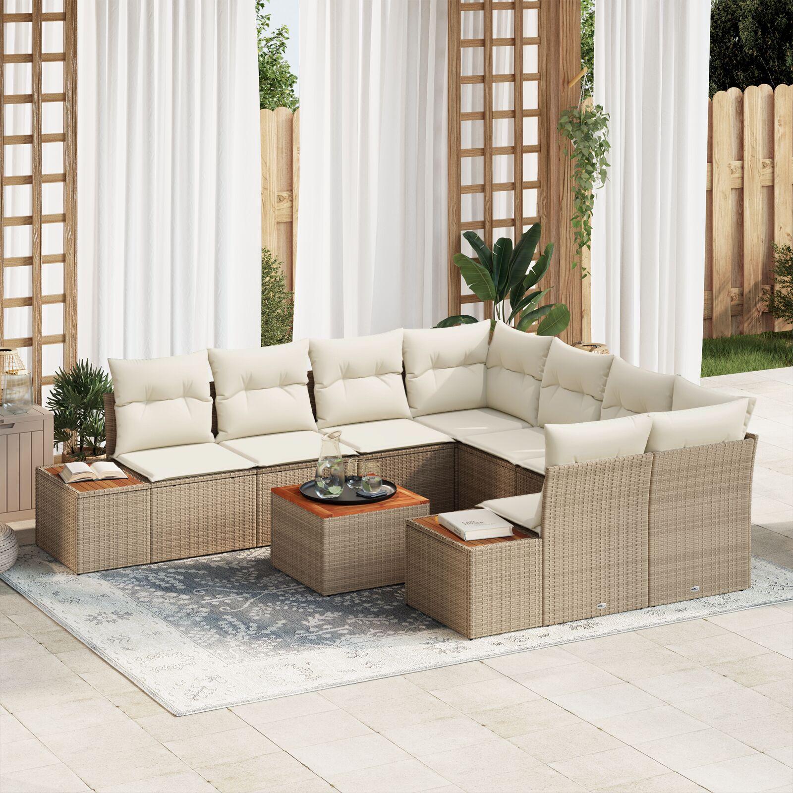 Havesofa Sæt Med Pude 9 Dele Poly Rattan - beige og cremefarvet