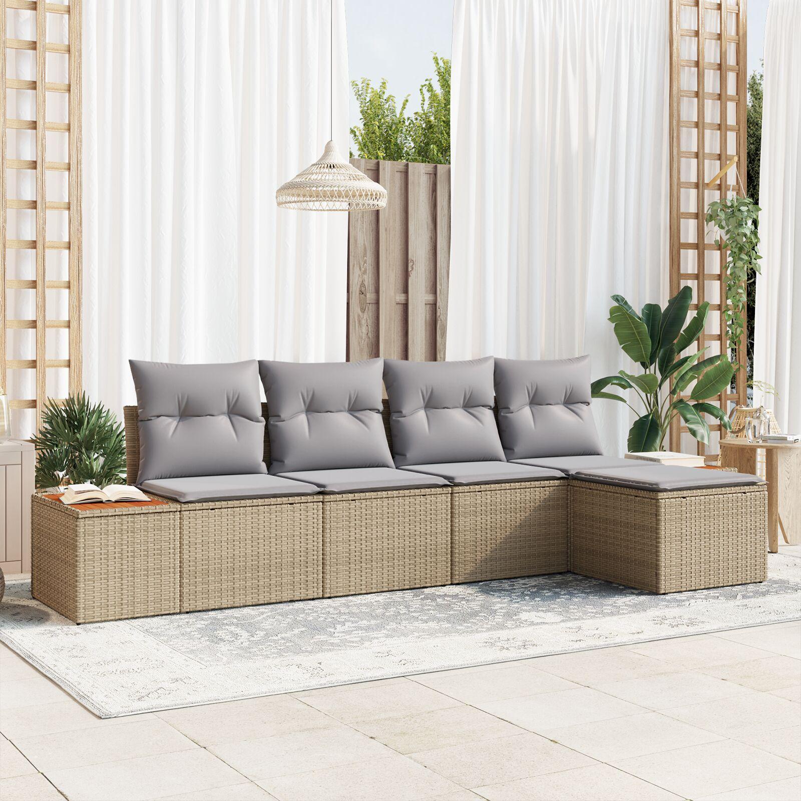 Havesofa sæt med puder, 5 dele - beige polyrattan, modulært loungesæt