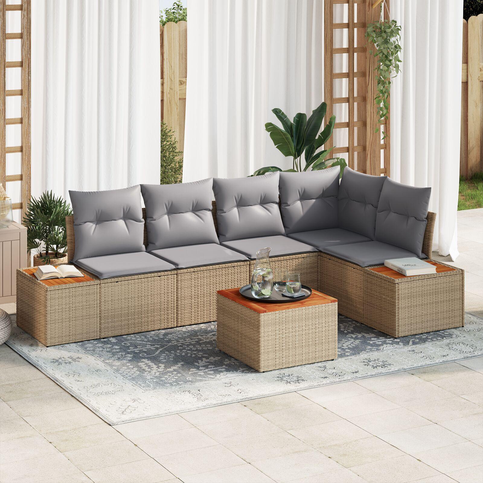 Havesofa sæt med puder 6 stk beige poly rattan