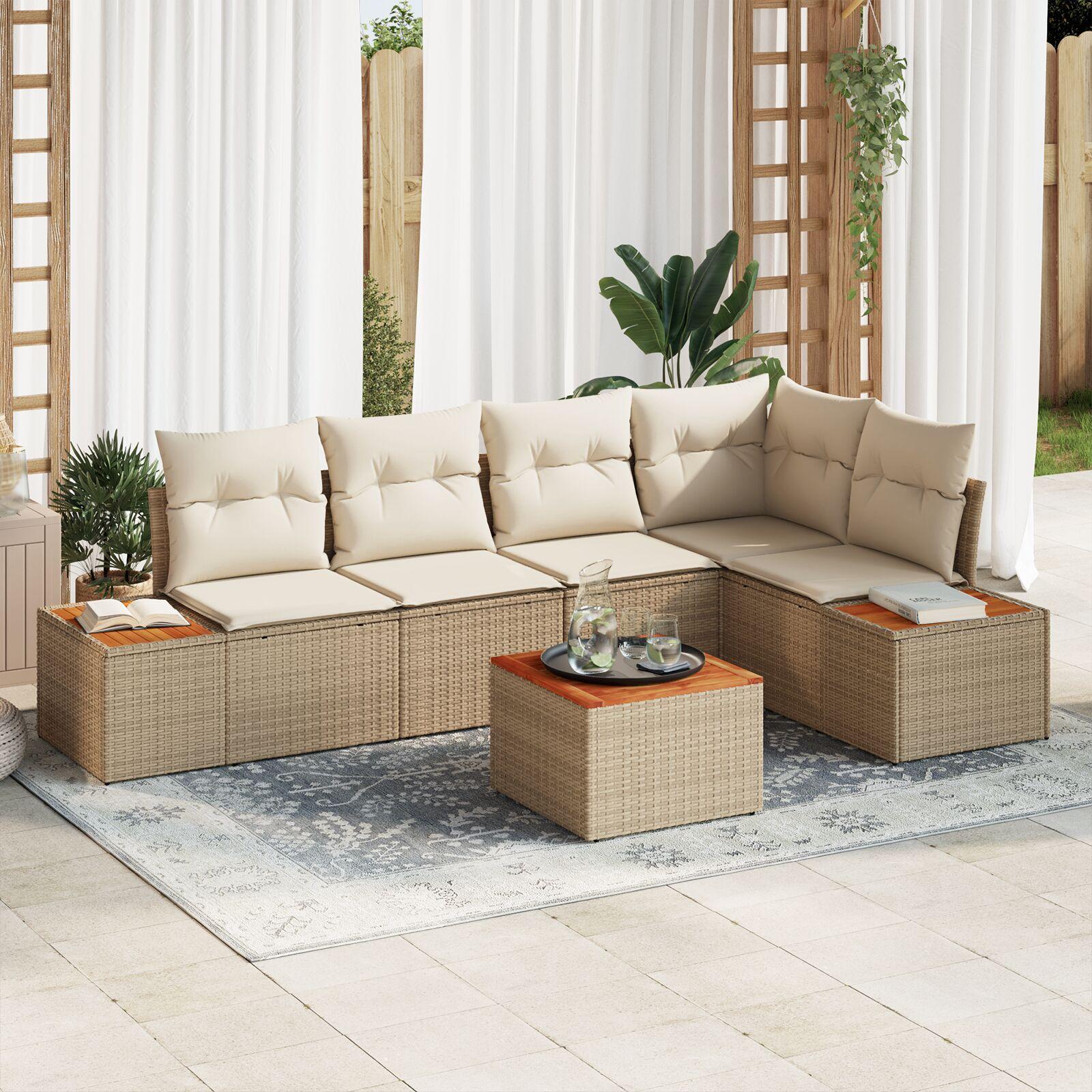 Havesofa sæt 6 dele med puder og havebord i beige poly rattan