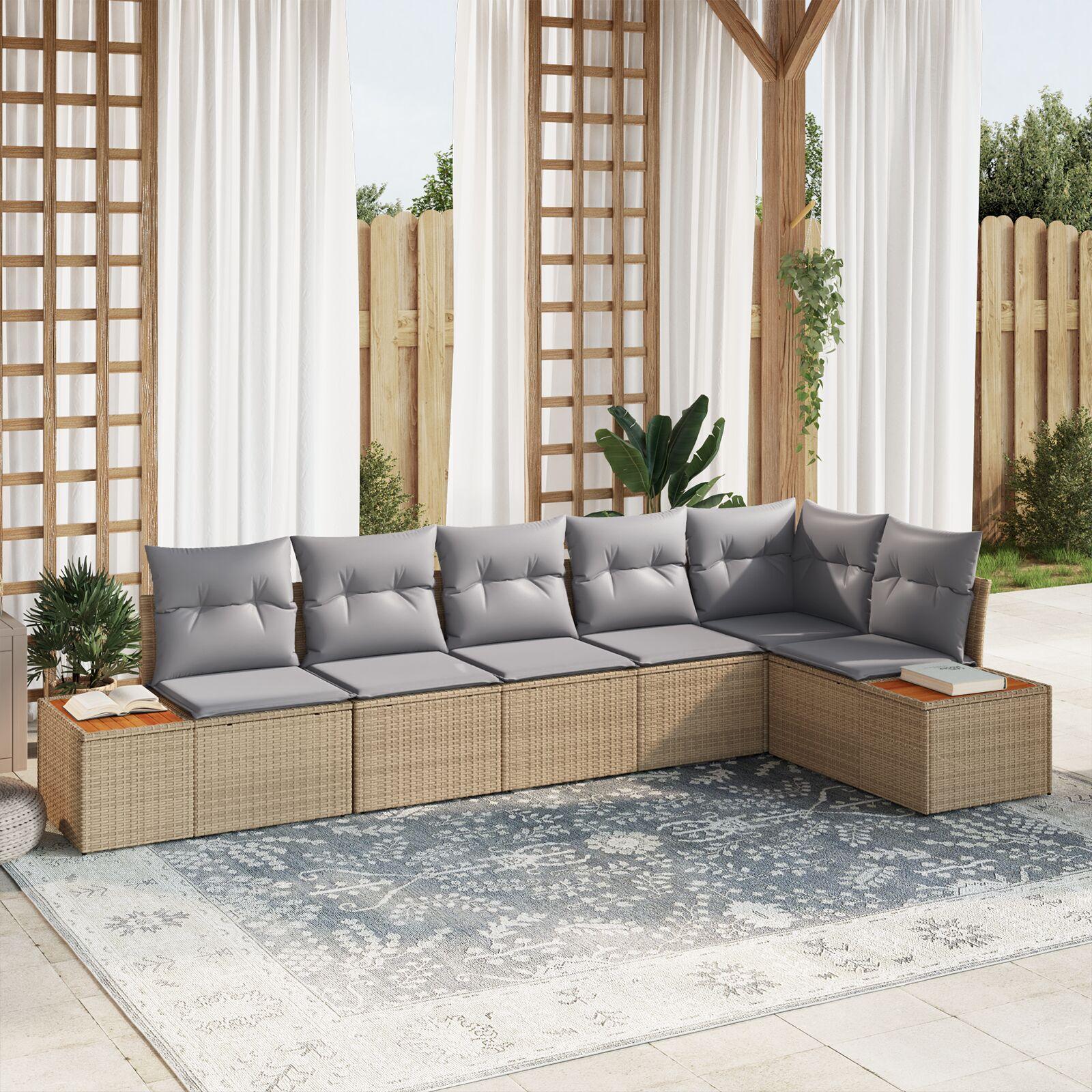 Havesofa sæt med puder - 6 dele i beige polyrattan, modulopbygget