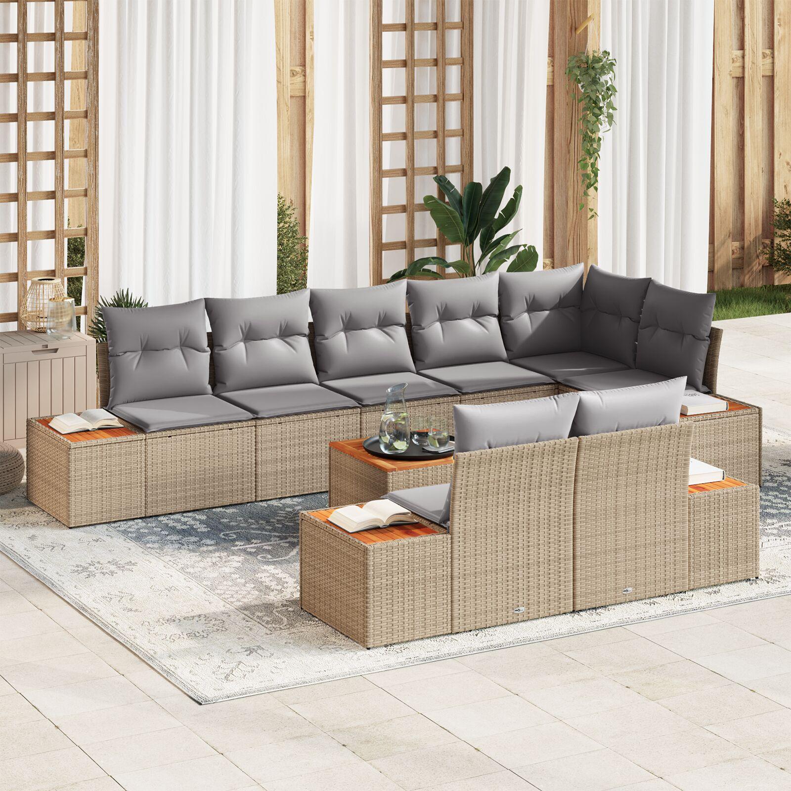 Havesofa sæt med puder - 9 dele, beige poly rattan, modulært loungesæt