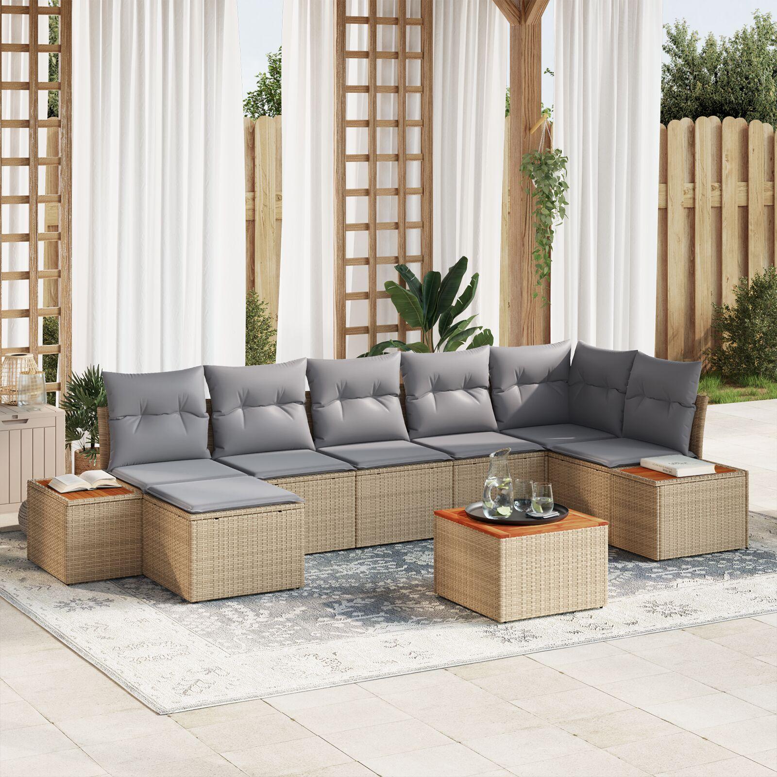Havesofa-sæt i beige polyrattan med puder, 8 dele - modulært loungesæt til terrasse og have