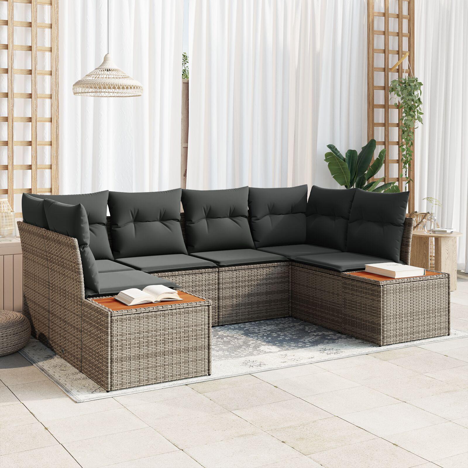 Havesofa sæt i grå polyrattan med puder - modulopbygget, 6 pladser