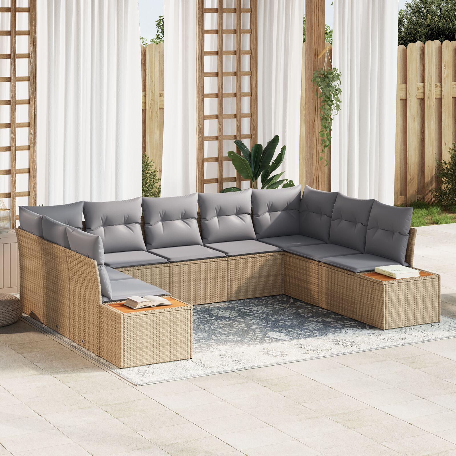 Havesofa-sæt i beige polyrattan - modulopbygget loungesæt med 9 pladser