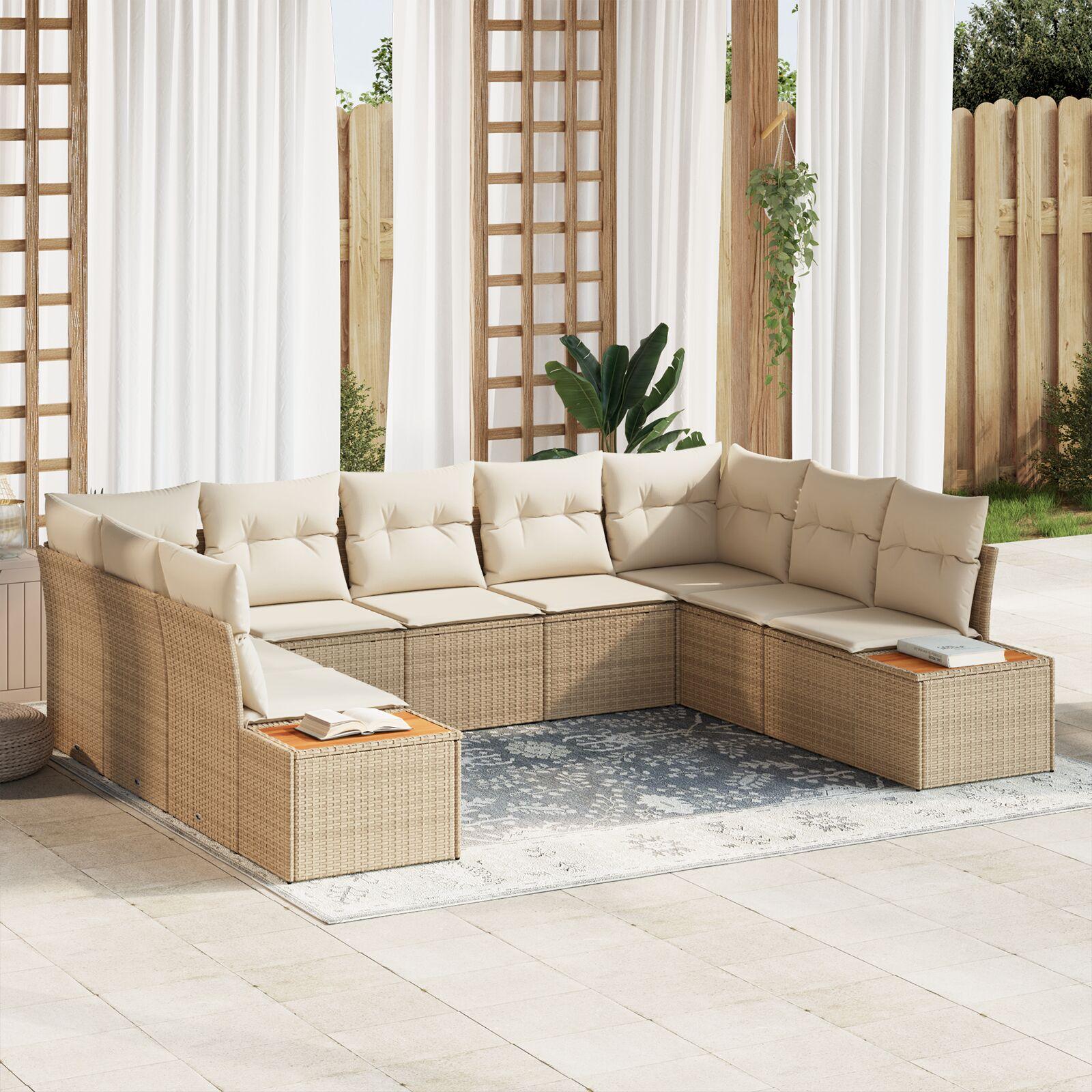 Havesofa sæt 9 dele med puder i beige poly rattan