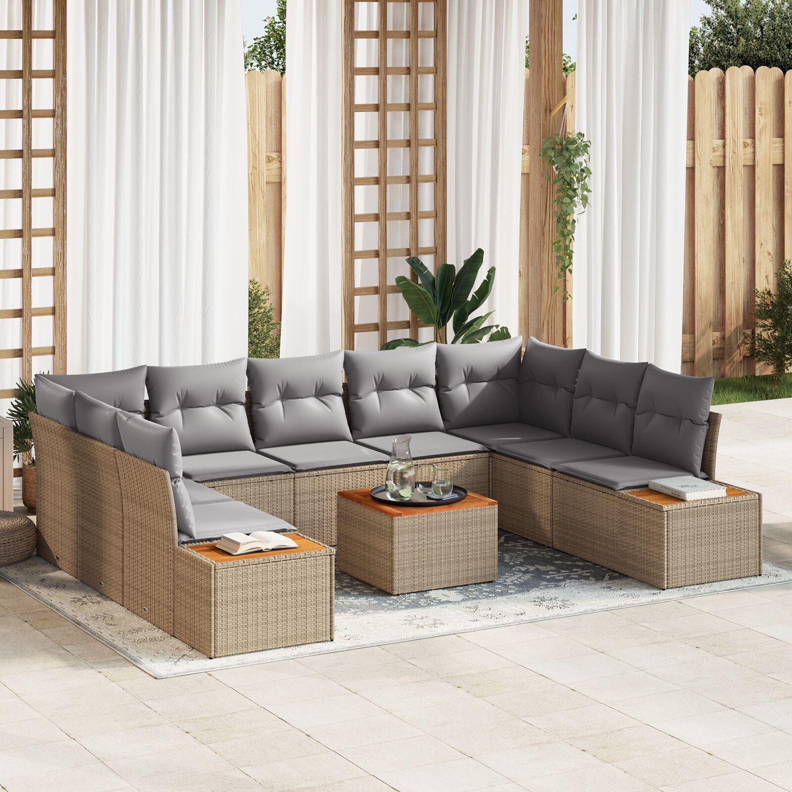 Havesofa-sæt i beige polyrattan - 10 dele, modulært loungesæt med puder