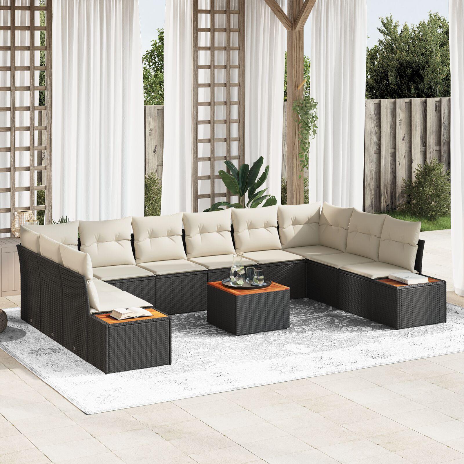 11 Delt Have Sofa Sæt Med Puder Sort Polyrattan Akacia