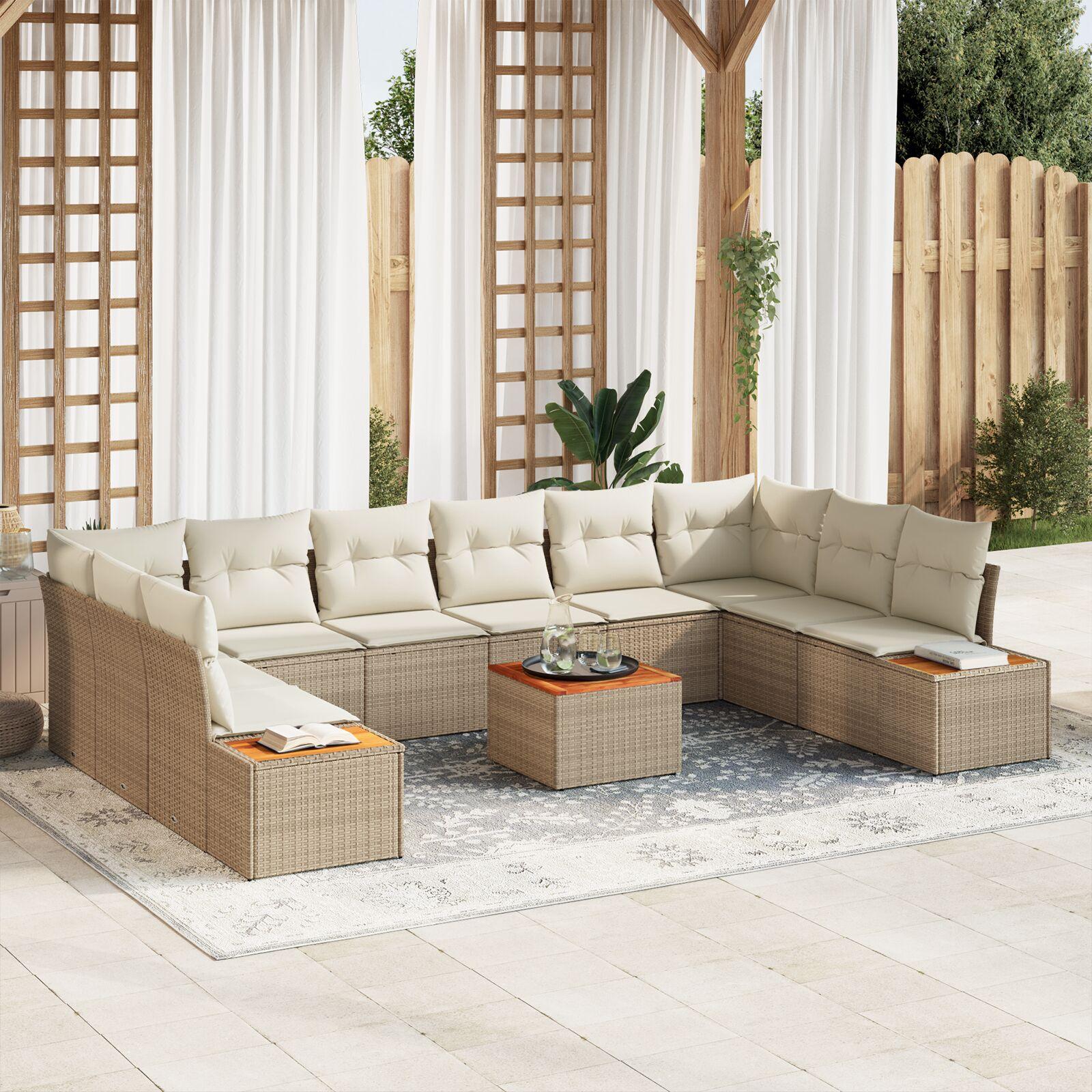 Havesofa Sæt med pude 11 stk Beige Poly rattan