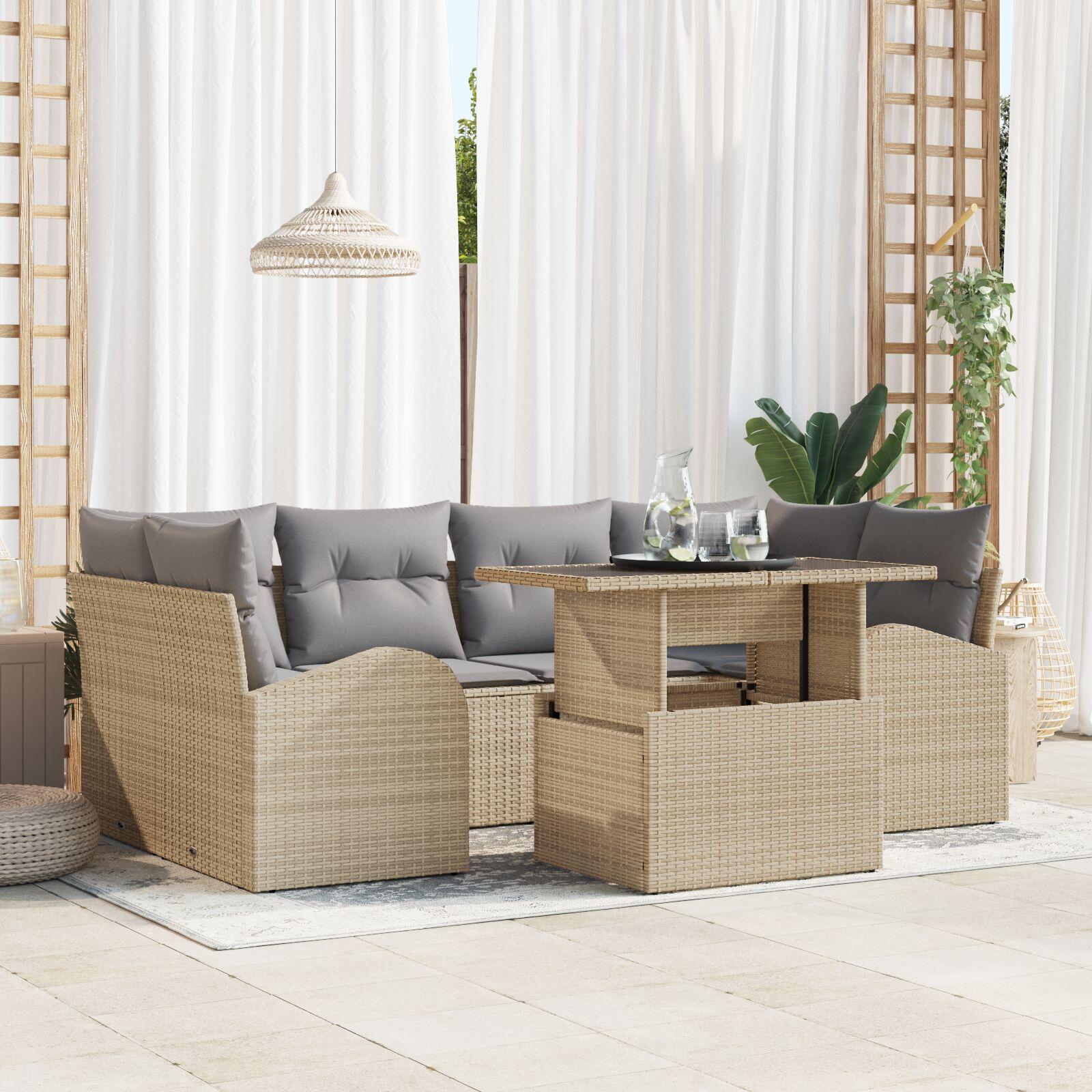 Havesofa-sæt i beige polyrattan med puder - 7 dele, modulopbygget loungesæt