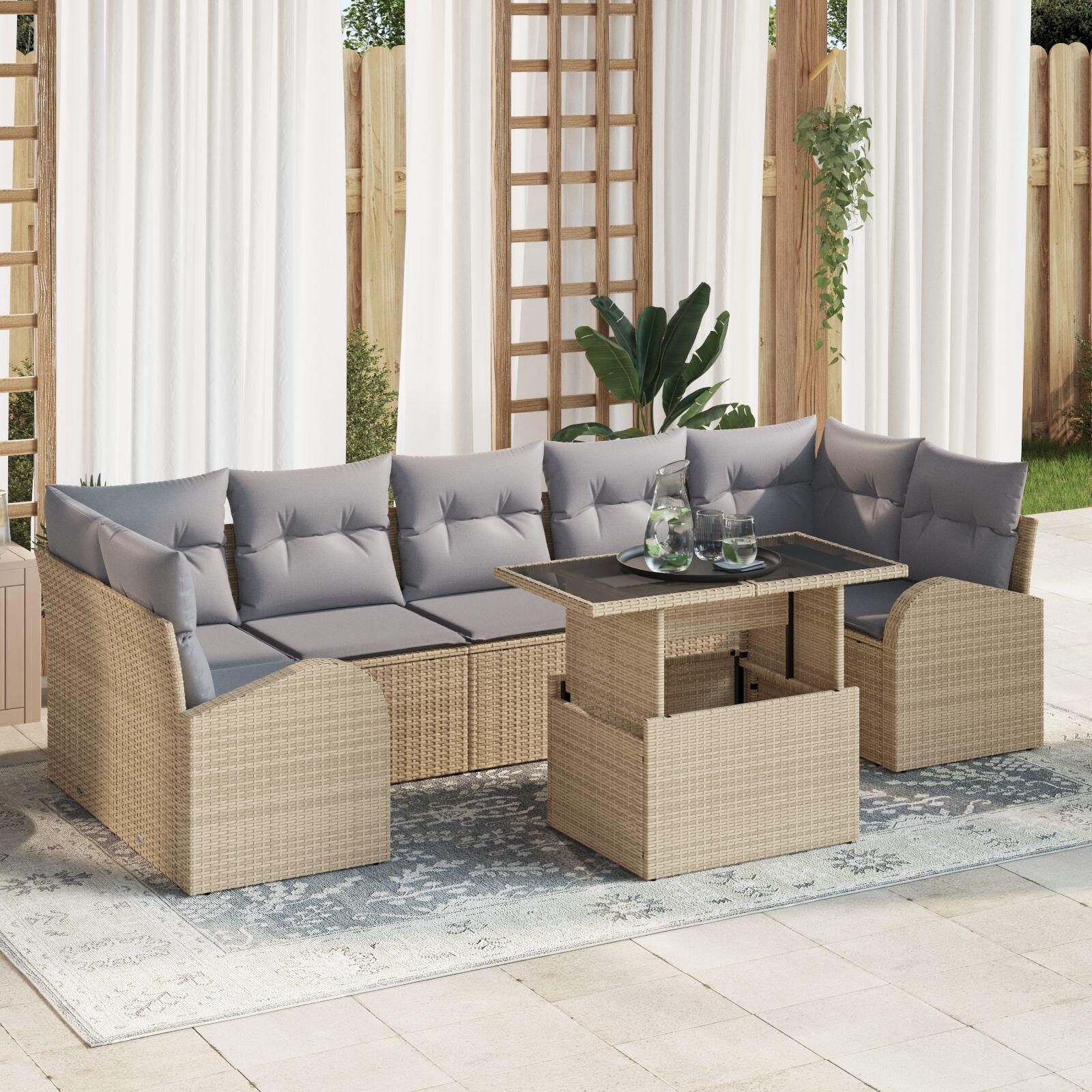 Havesofa sæt 8 dele i beige polyrattan med puder og bord