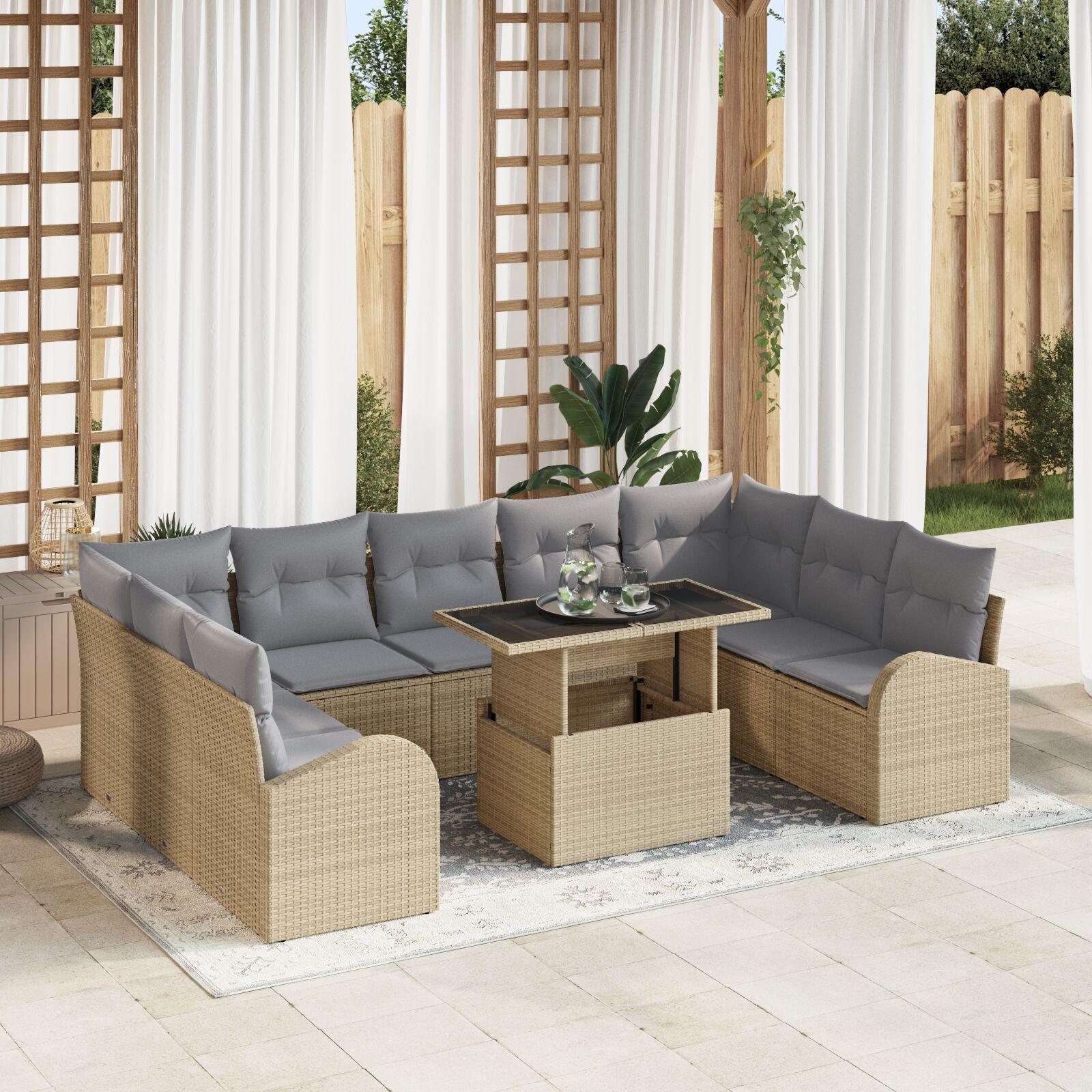 Havesofa Sæt med pude 10 stk beige og lysegrå 100 x 55 x 73 cm