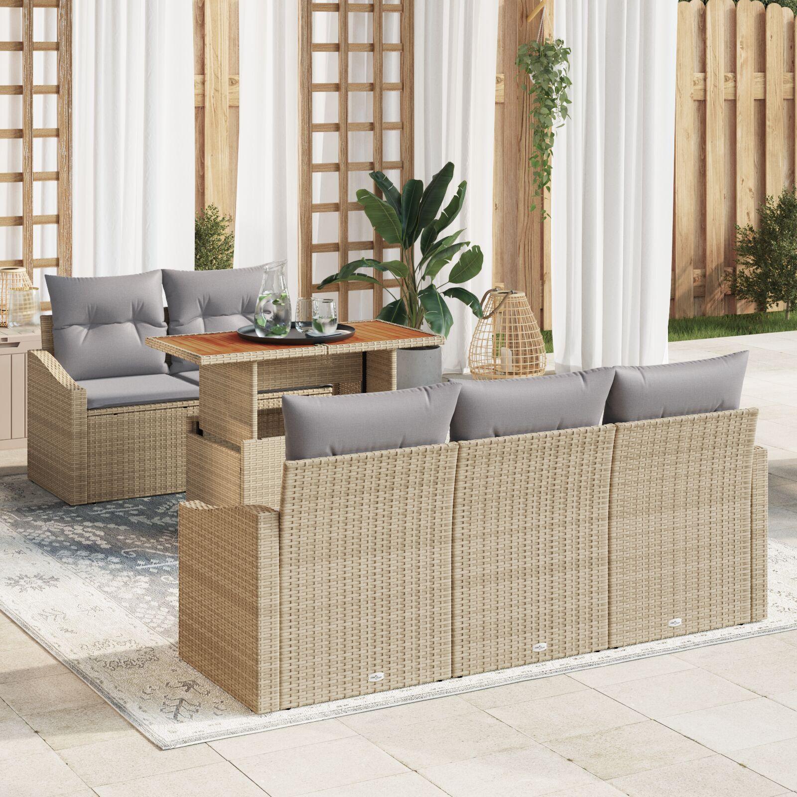 Have spisebordssæt i polyrattan med puder, 6 dele - beige/grå