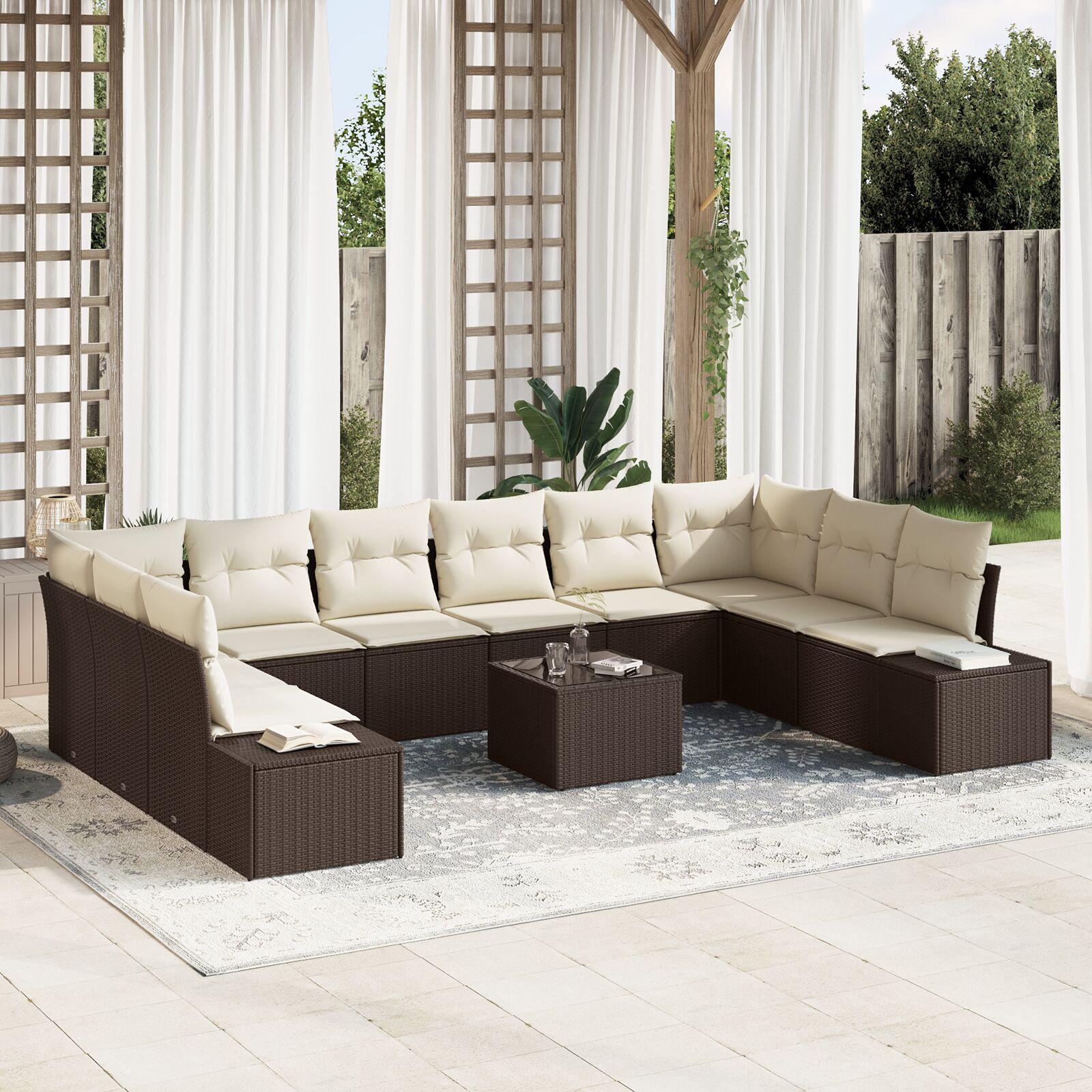 Modulært havesofa sæt med puder, 10 dele - brun/creme polyrattan